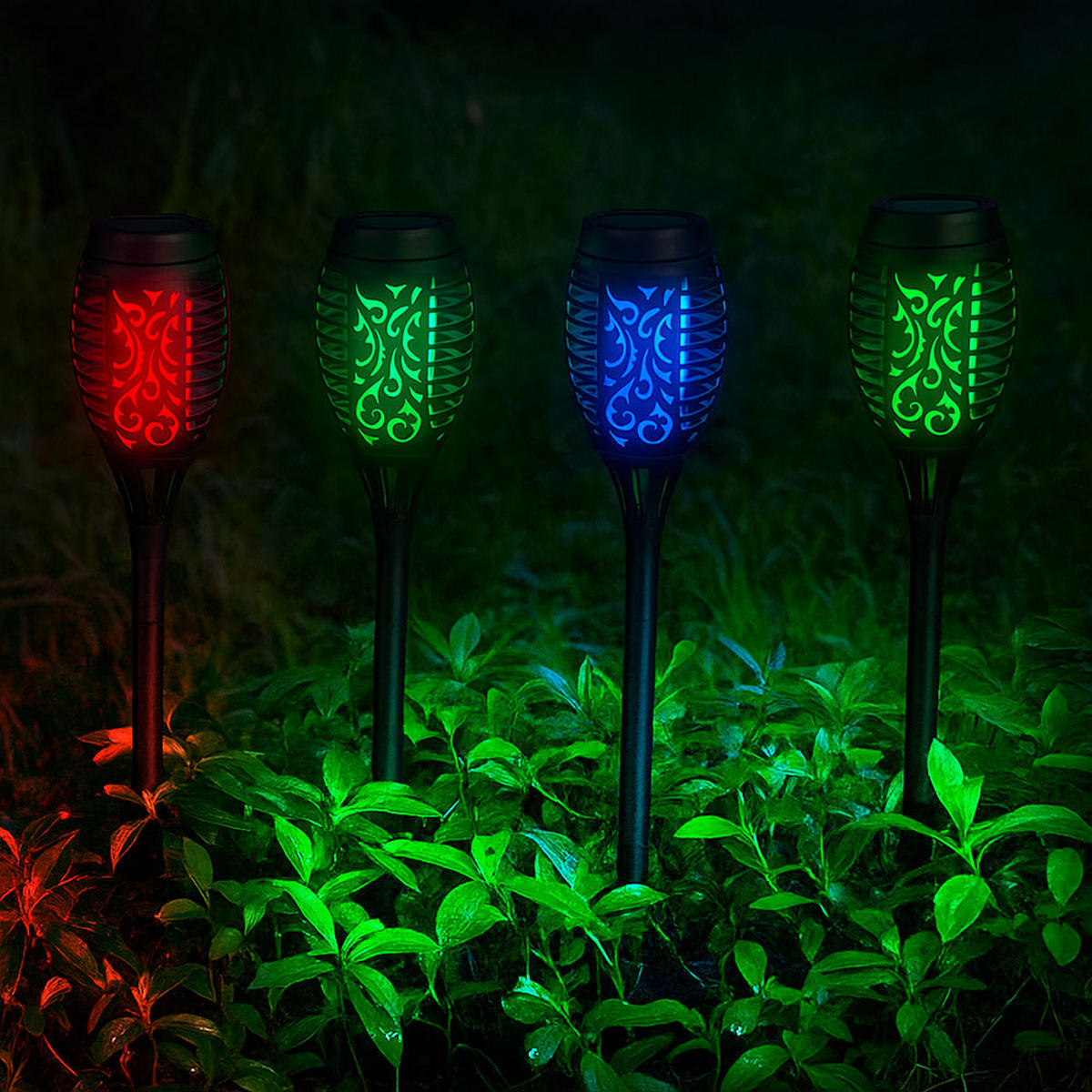 LED AUSSENLEUCHTE Schwarz Solar Feuer-Effekt 4er Set - Schwarz, Kunststoff (7.5/7.5/50.5cm) - Globo Lighting