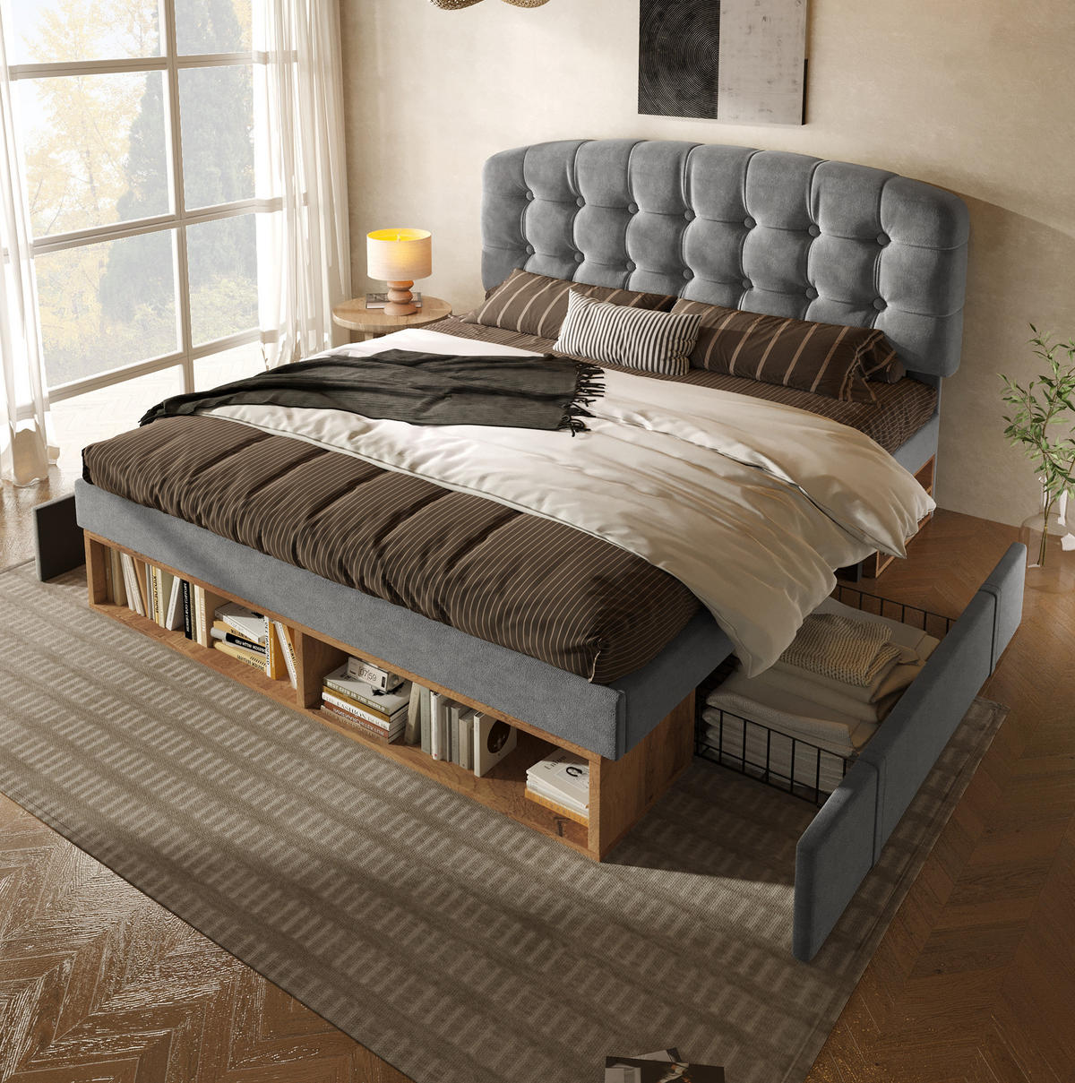 POLSTERBETT 90/200 cm mit höhenverstellbarem Kopfteil, Schubladen und Stauraum, Grau - Grau, Textil (90/200cm) - Redom