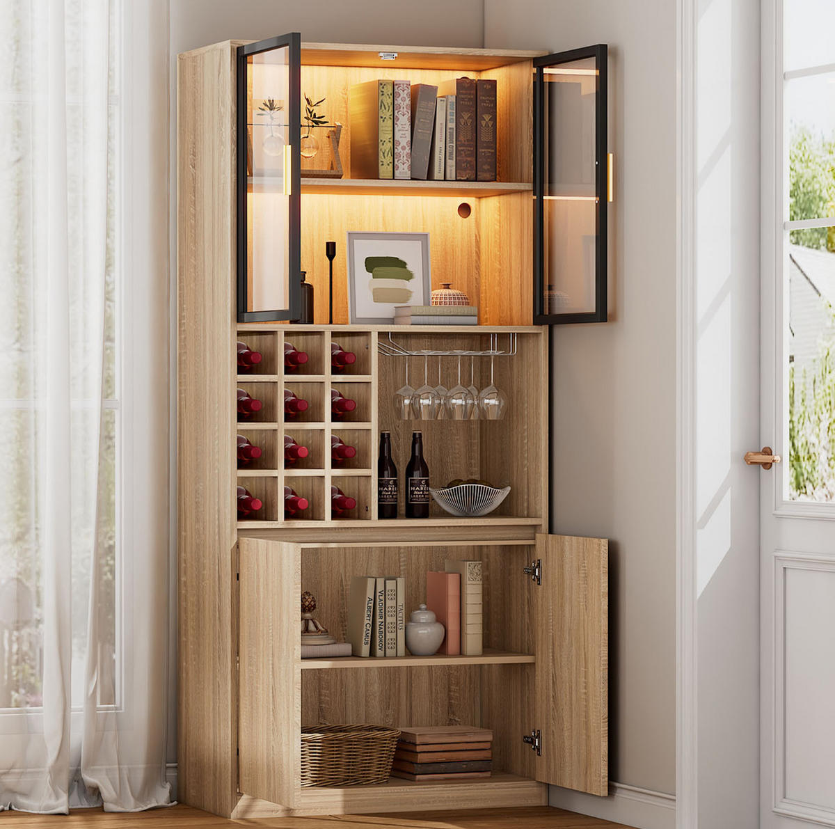 VITRINE Organizer 80x40x180 cm Naturfarben mit Glastüren & LED-Lichtleiste - Naturfarben, Holzwerkstoff (80/180/40cm) - Modfu