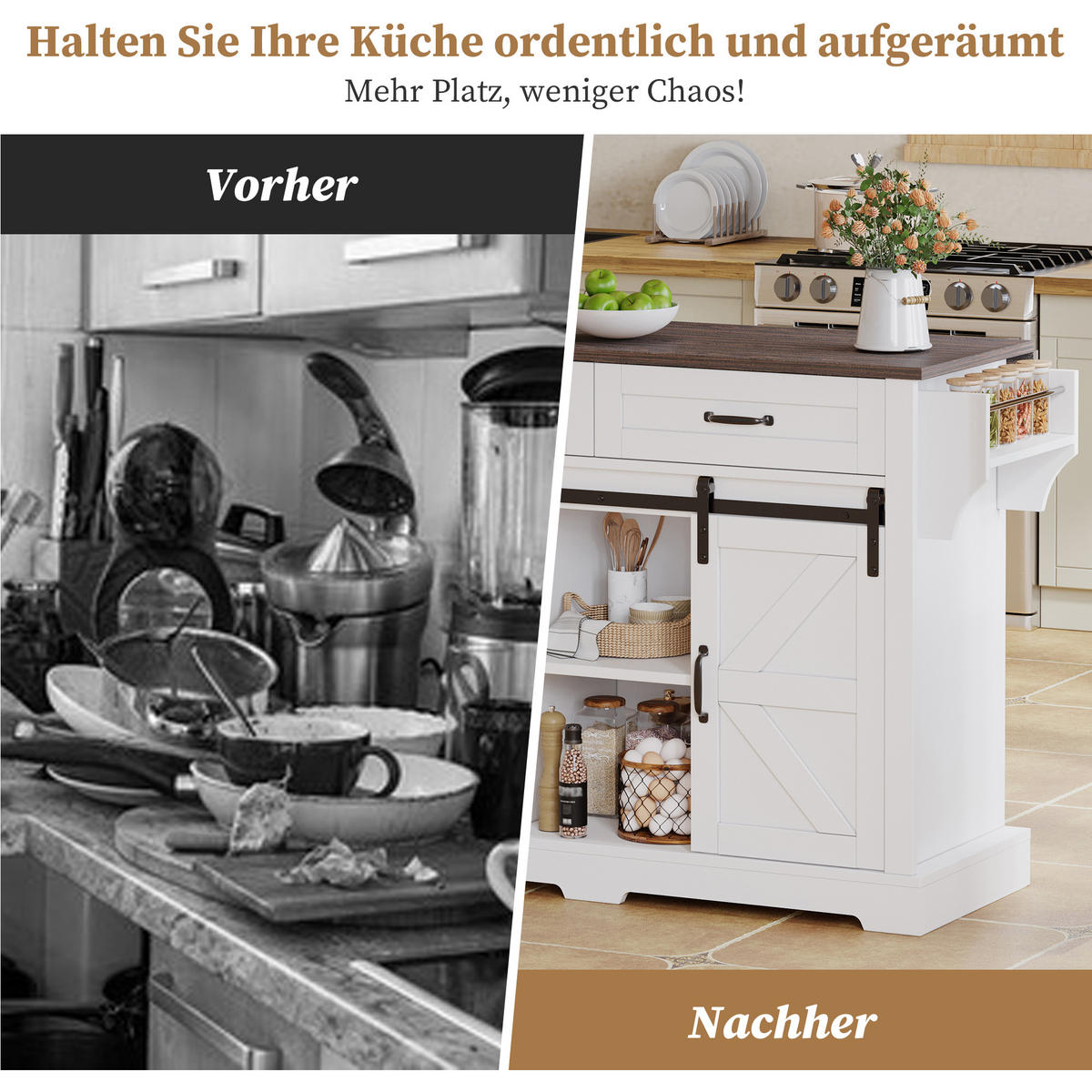 KÜCHENINSEL in Weiß Servierwagen mit klappbarer Arbeitsplatte und Schubladen für Küche, B120/T45(70)/H91 cm - Weiß, Holzwerkstoff (120/91/70cm) - STILVORA
