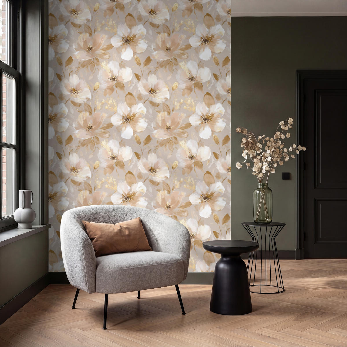 TAPETE - Blumen - künstlerisch - Gold - 160x240 cm - Beige, Papier (160/240cm) - OnlyWow