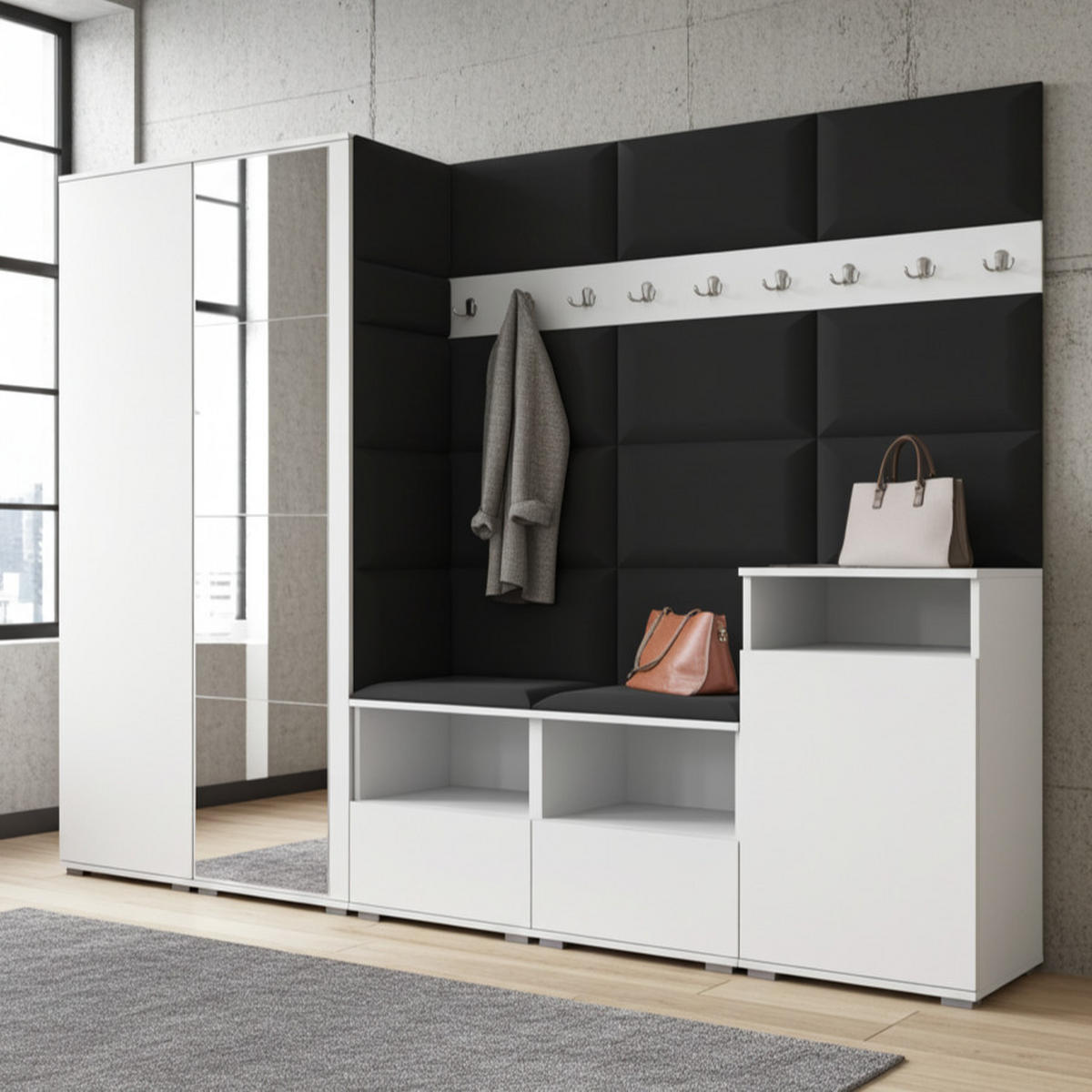 GARDEROBE NELA VIII 250 cm (Modulare Flurmöbel Weiß mit Spiegel & Sitzpolster Schwarz 16 Set XL) - Silberfarben/Schwarz, Holz/Holzwerkstoff (250/187/40cm) - Ravio