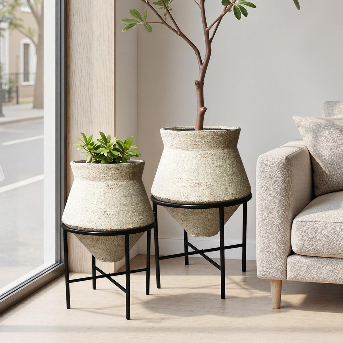 BLUMENTOPF Set 2er aus Eisen, Durchmesser 31& 25cm - Beige, Metall (40/62/40cm) - Hometopia