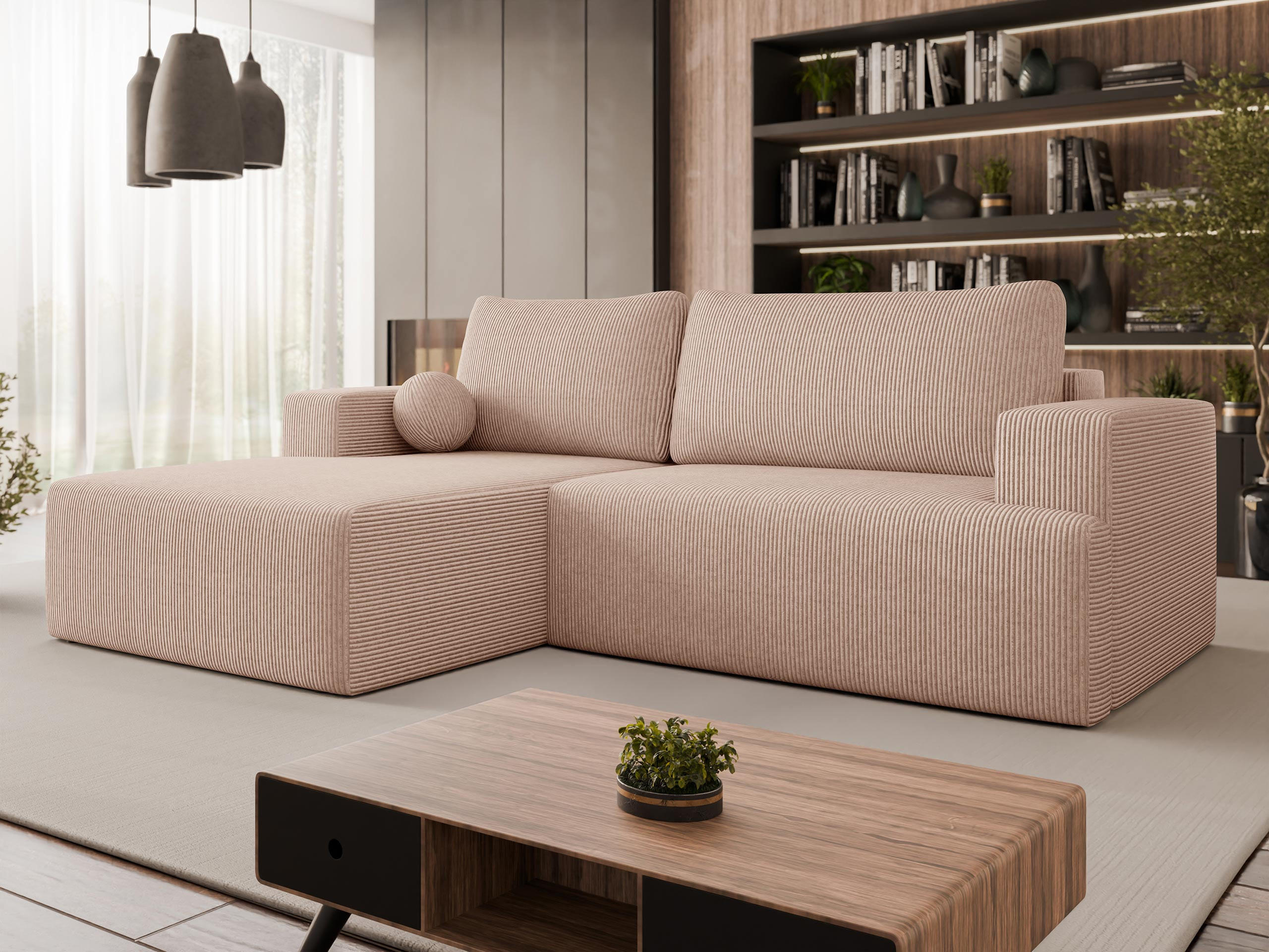 ECKSOFA Mivo Cord, Seite: Links - Schwarz/Rosa, Holz/Kunststoff (266/163cm) - MIRJAN24
