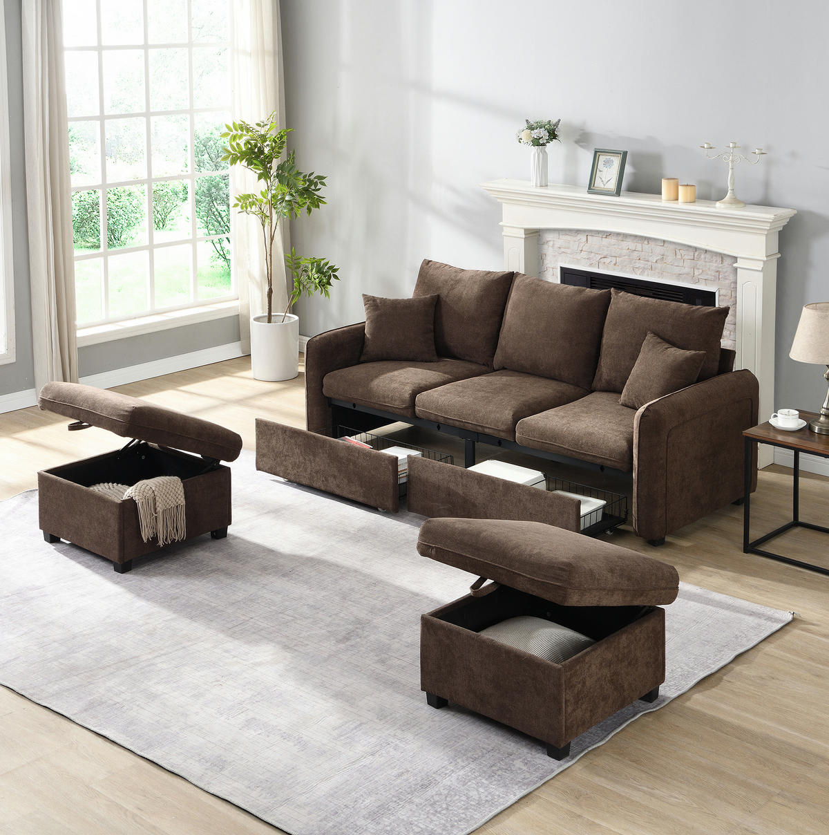ECKSOFA-SET Chenille mit Stauraum und Schlaffunktion 3-Sitzer und 2 Hocker 188/186/86 cm Dunkelbraun - Dunkelbraun, Kunststoff/Textil (186/188cm) - Redom