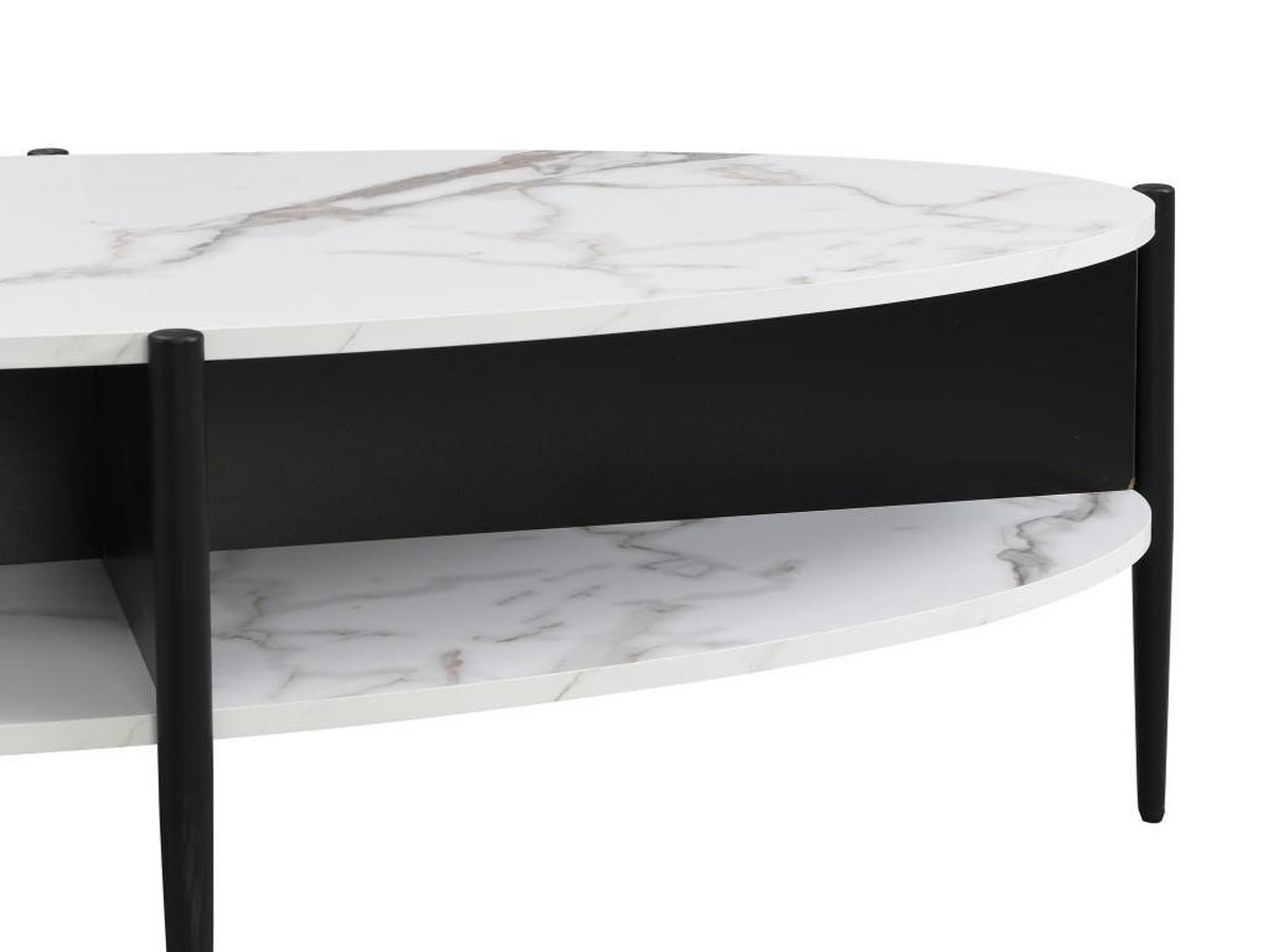 COUCHTISCH oval mit 4 Ablagefächern - MDF & Metall - Marmor-Optik Weiß & Schwarz - EVARO - Schwarz/Weiß, Stein (125/65/39cm) - Vente-Unique