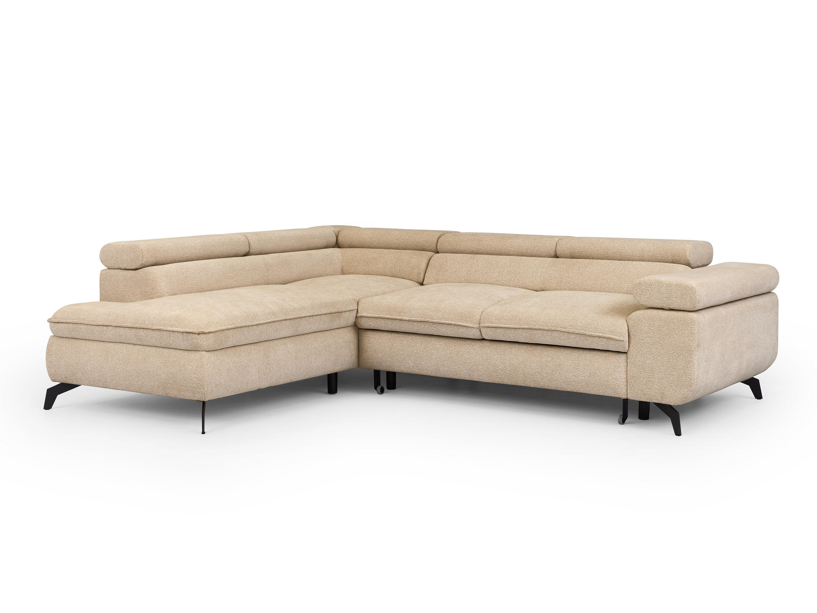 ECKSOFA mit Schlaffunktion und Bettkasten Bonnie aus Taupe Chenille-Stoff mit verstellbaren Kopfstützen und Armlehne - Ottomane links - Taupe/Schwarz, Holz/Textil (275/210cm) - S-Style Möbel