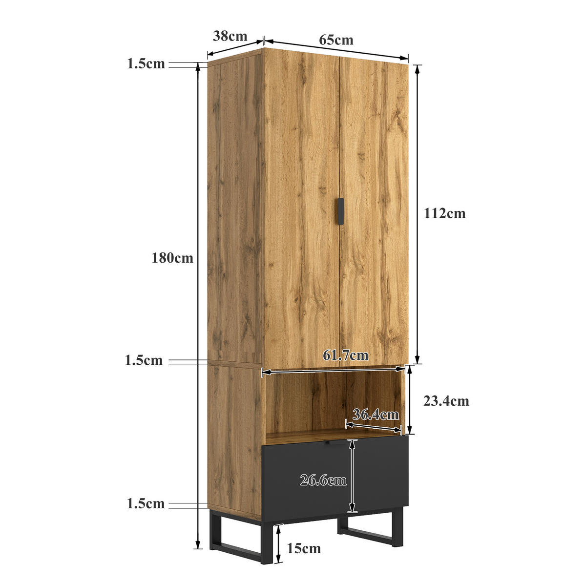 GARDEROBE 180/65/38 cm Natur/Schwarz aus Spanplatte mit Kleiderstange - Naturfarben, Holzwerkstoff (38/65/180cm) - OKMYHOME