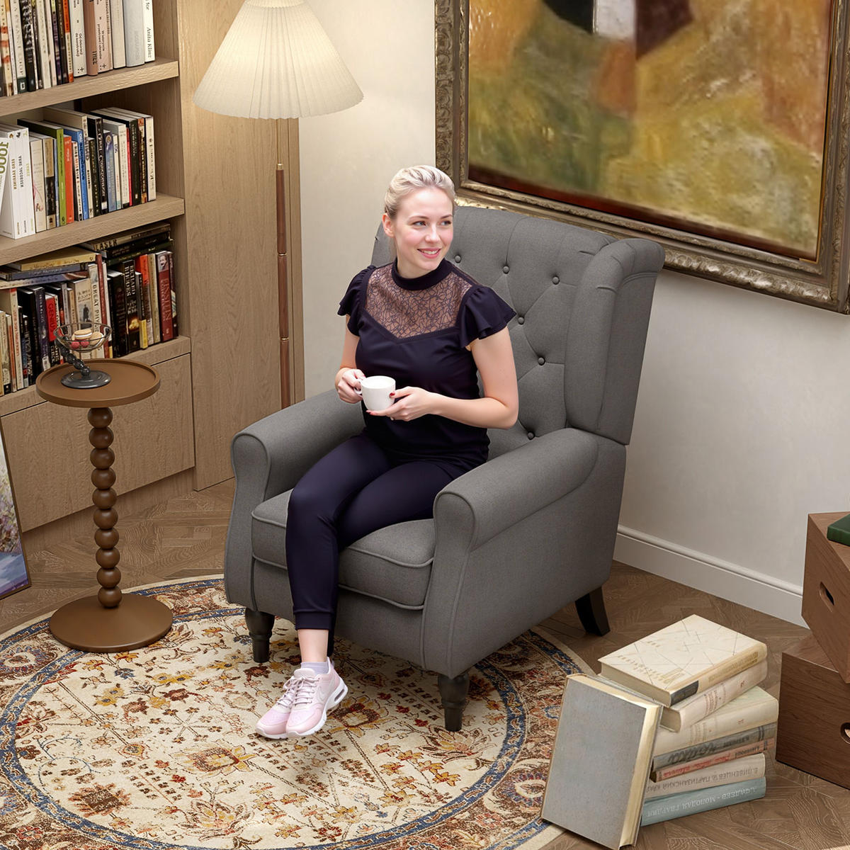 OHRENSESSEL Polyester mit Knopfheftung, Holzfüßen 74/86/102 cm Dunkelgrau - Dunkelgrau, Textil (86/102/74cm) - Redom