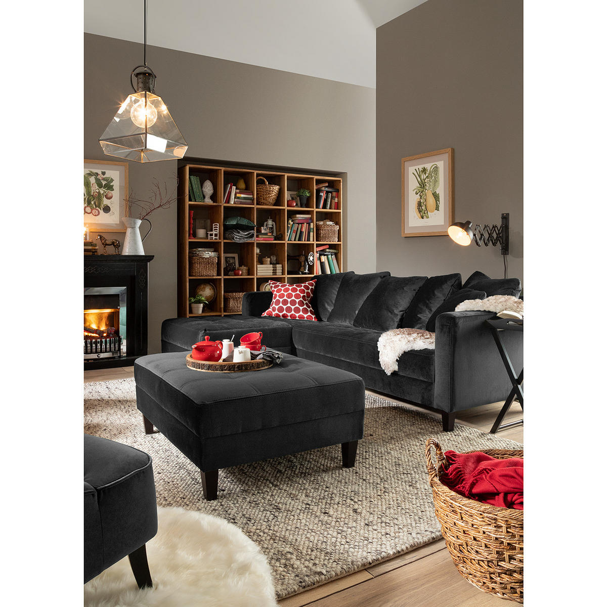 ECKSOFA mit Ottomane - Samt - Anthrazit, Textil (254/165cm) - home24