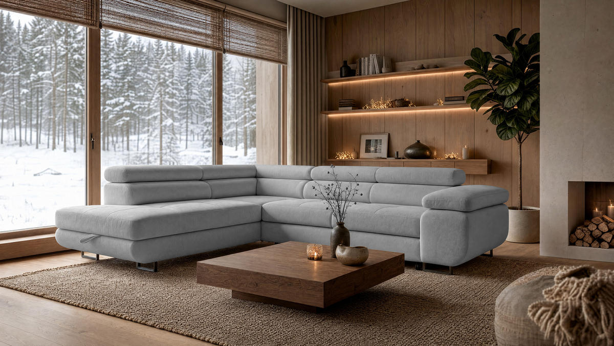 ECKSOFA Velmo mit Bettkasten und Schlaffunktion, verstellbaren Kopfstützen, in L-Form - Hellgrau, Textil (275/203cm)