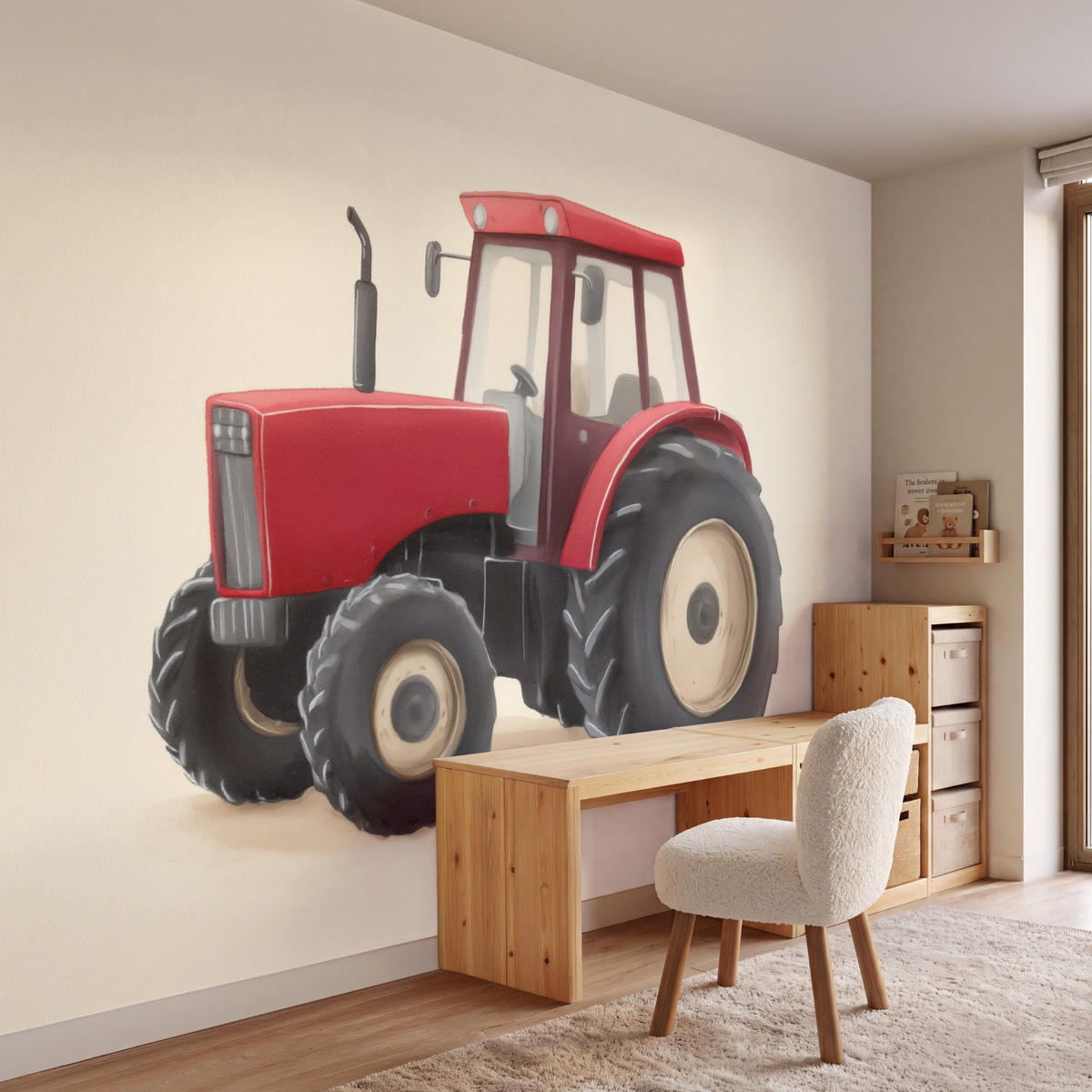 KINDERTAPETE - Traktor - Minimalistisch - Illustration - Rot - 260x200 cm - Rot, Papier (260/200cm) - OnlyWow