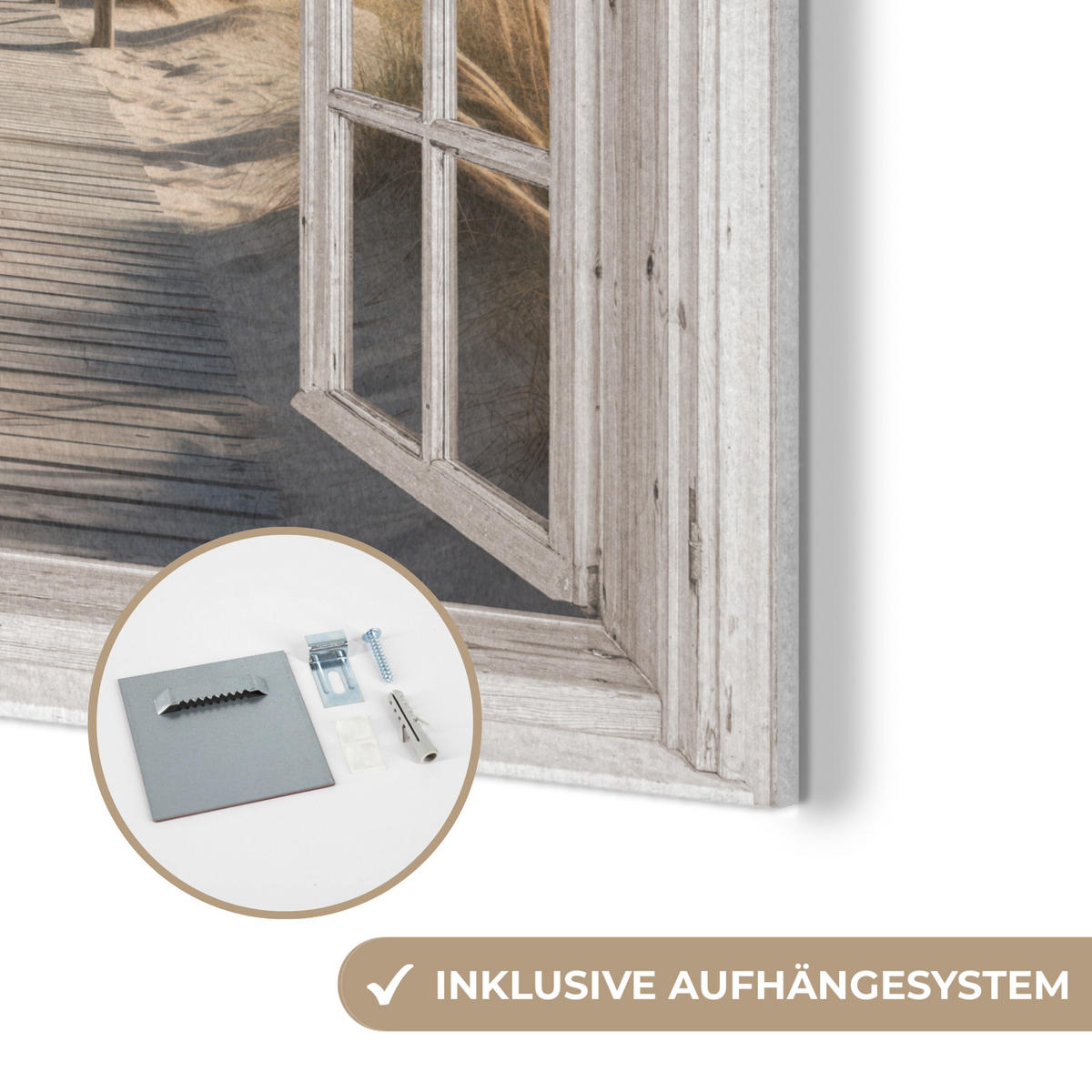 AKUSTIKPANEEL Fenster - Meer - Küste - Natur - Ausblick - Strand - Wattenmeer 90x90 cm - Beige, Textil (90/0.9/90cm) - MuchoWow
