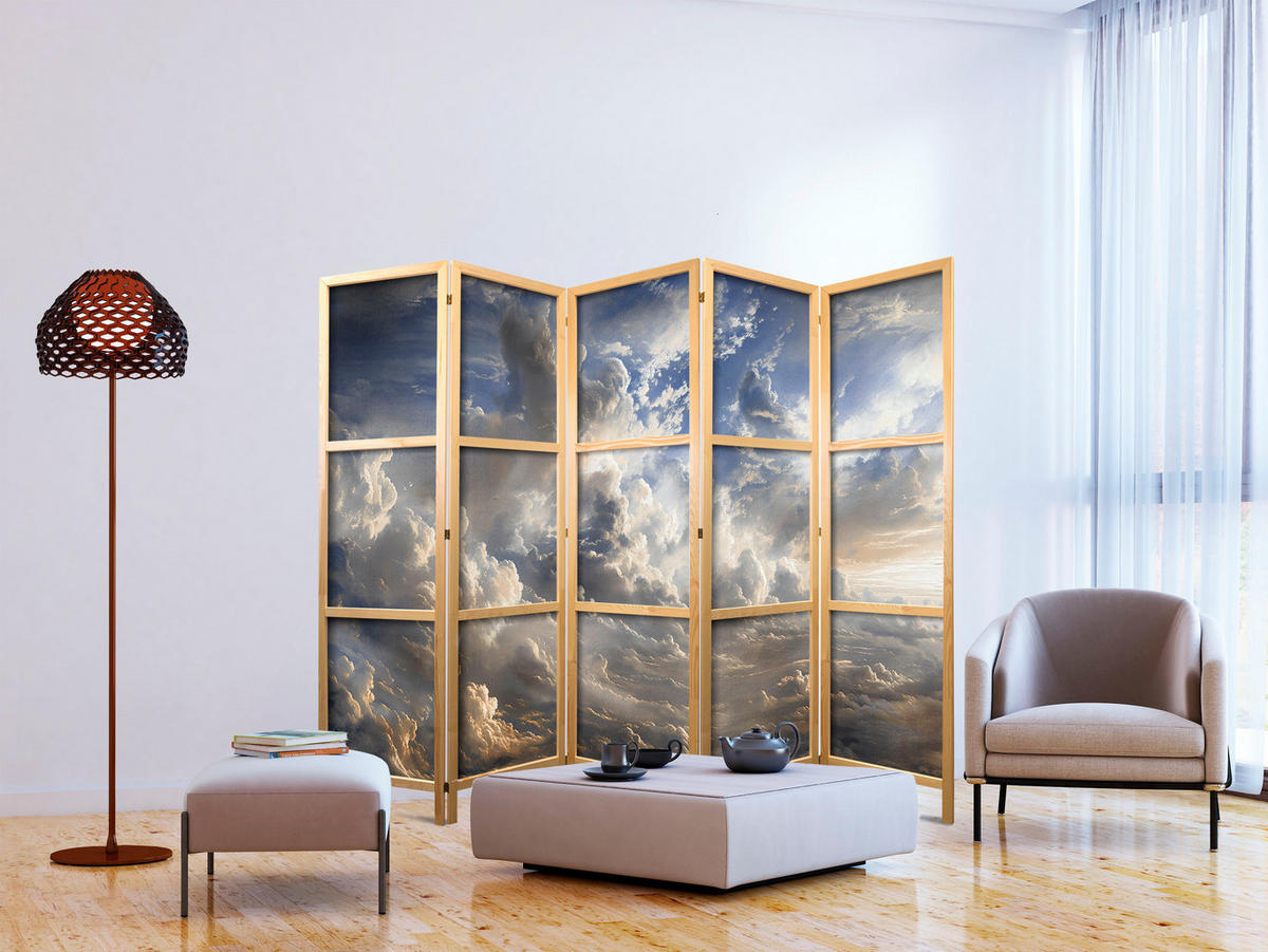 PARAVÁN Japonský 5-dielny 225x172 cm Oblaky 3D Efekt - modrá, drevo/textil (225/172/3cm) - Muralo