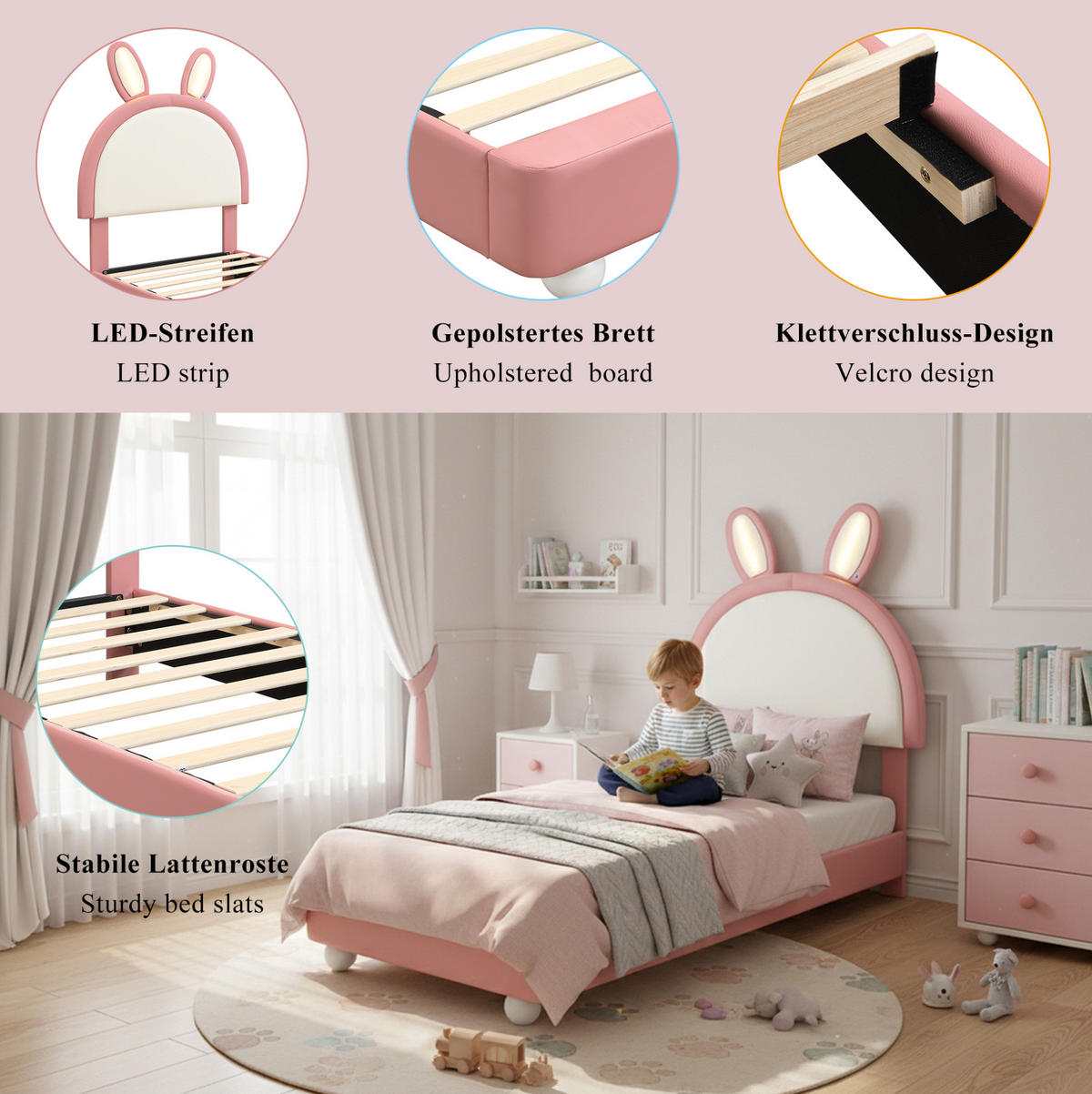 KINDERBETT 90/200 cm in Rosa/Weiß mit LED-Beleuchtung und Hasen-Kopfteil - Weiß, Kunststoff (90/200cm) - Flora Grace