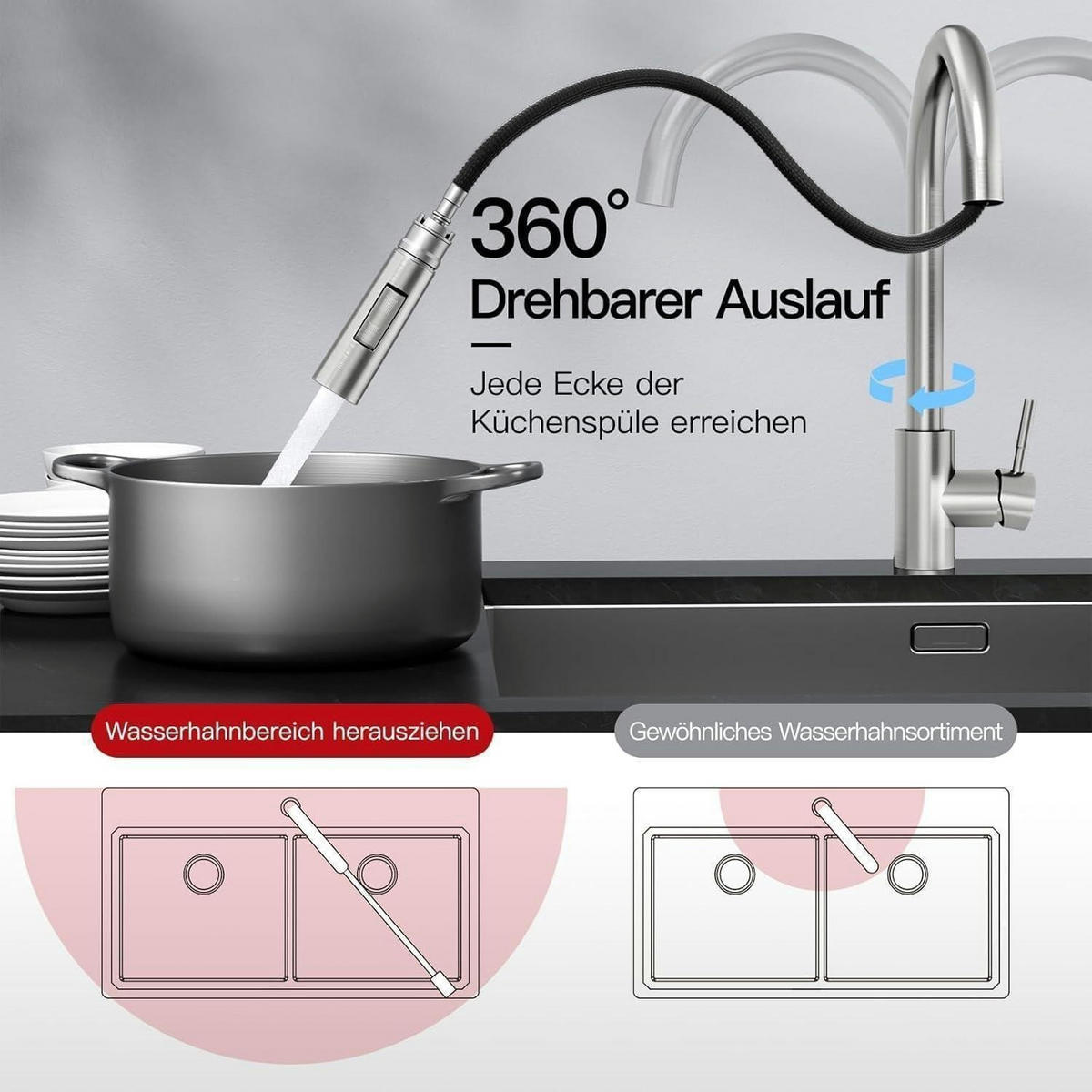 KÜCHENARMATUR Edelstahl mit herausziehbarer Brause 360° schwenkbar 2 Strahlarten gebürstet Chrom - Silberfarben, Metall (5.7/43.5/21cm)