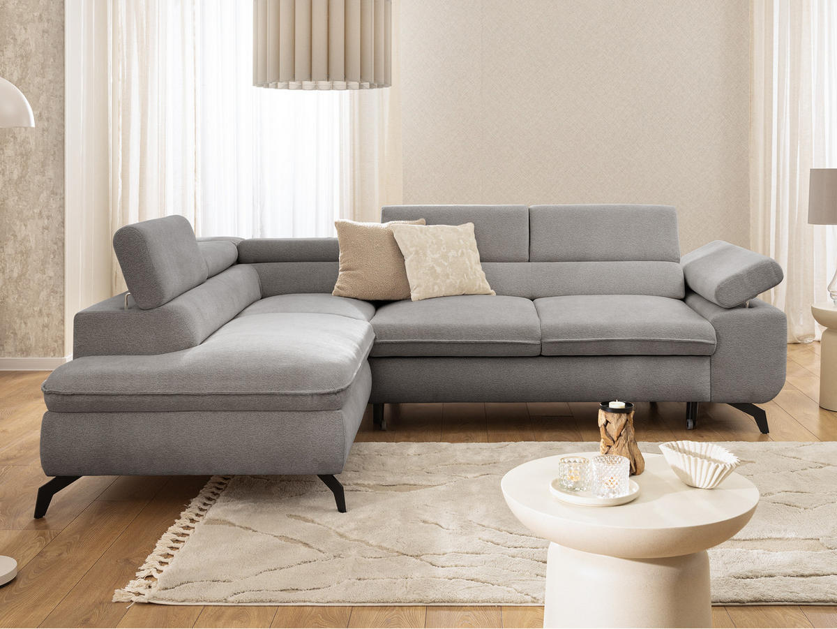 ECKSOFA mit Schlaffunktion und Bettkasten Bonnie aus Hellgrau Chenille-Stoff mit verstellbaren Kopfstützen und Armlehne - Ottomane links - Hellgrau/Schwarz, Holz/Textil (275/210cm) - S-Style Möbel
