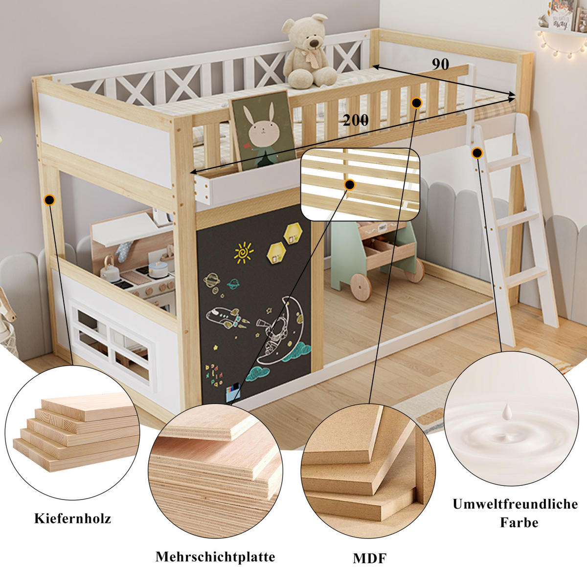 HOCHBETT Kinder 90/200 cm Weiß Natur mit Tafel, Aufbewahrungsbox und Stauraum ohne Matratze - Weiß, Holz (90/200cm) - MIVRAY