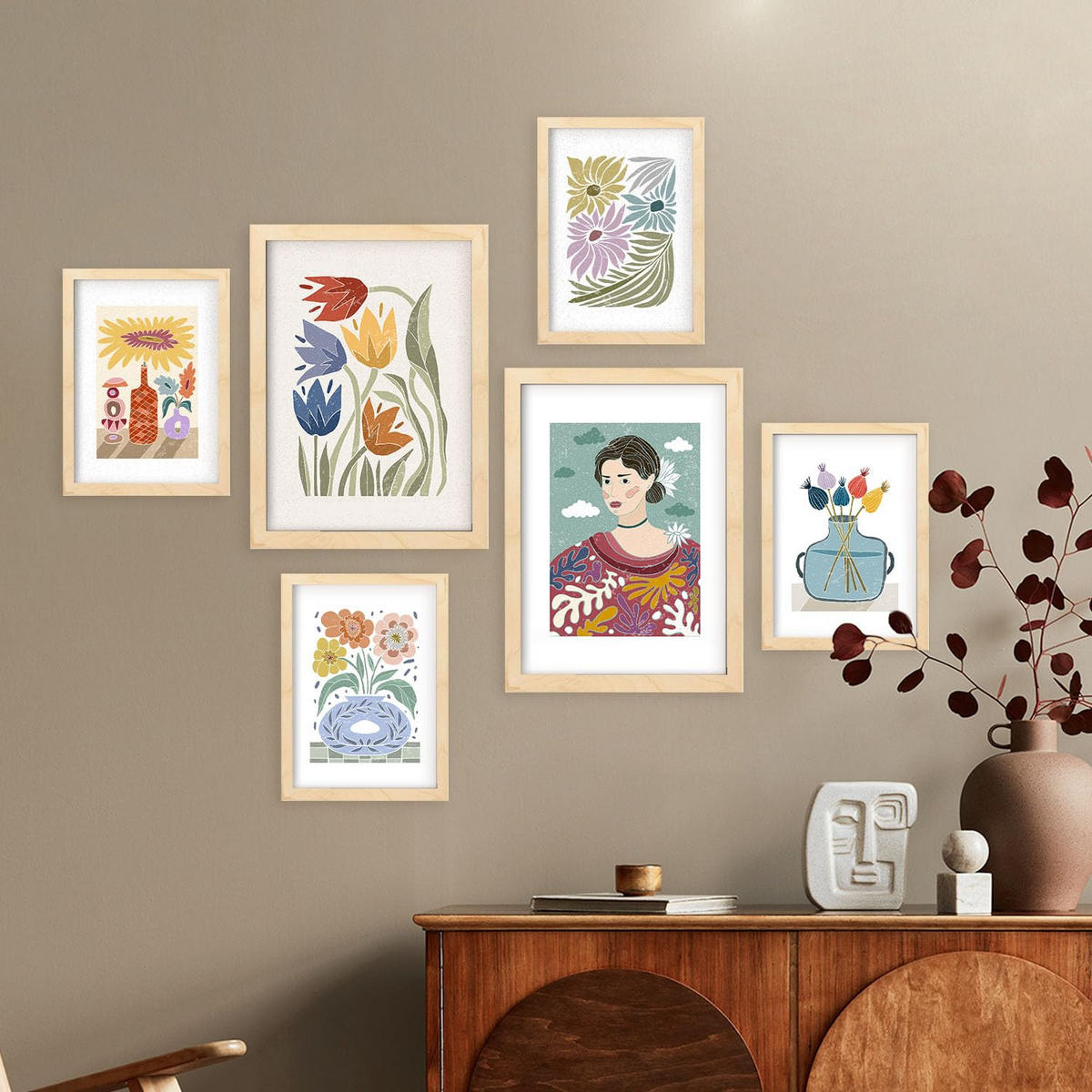 POSTER Set Mit 6 Drucken Garten In Ethnischendruckkollektionen Dekorative Rahmen Für Ihr Zuhause Wandkunstdruck A3 & A4 Rahmen Aus Hellem Holz - Beige, Papier (29/3cm) - Nacnic