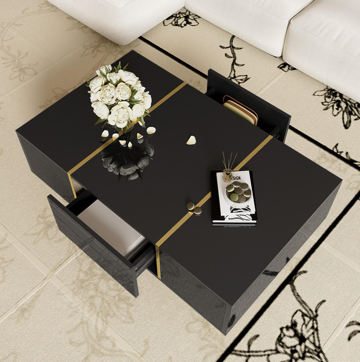 COUCHTISCH 100/60/41,5 cm in Schwarz Hochglanz mit 2 Schubladen - Schwarz, Holzwerkstoff (100/60/41.5cm) - Flora Grace