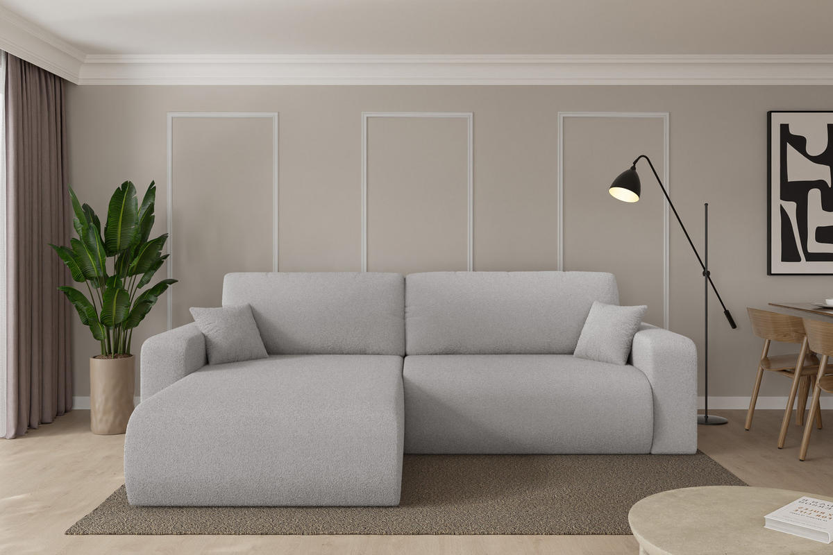 ROHOVÁ SEDAČKA s funkcí spaní, otoman vlevo BERY-L 276x193x88 světle šedá bouclé - černá/stříbrná, kompozitní dřevo/textil (276/193cm) - ALTDECOR
