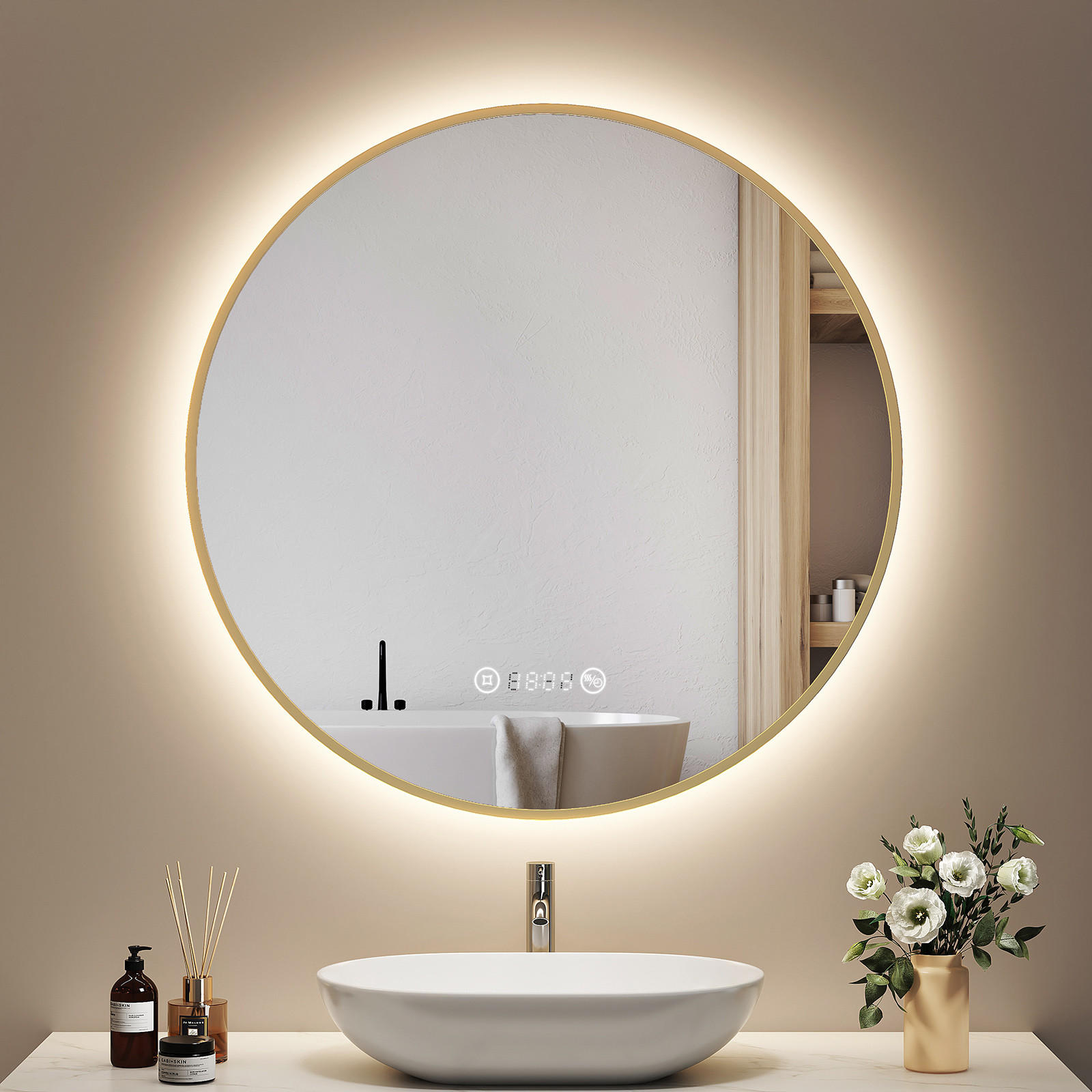 BADSPIEGEL Rund mit Beleuchtung Gold ф80 cm - Goldfarben, Glas (80/3.1/80cm) - EMKE