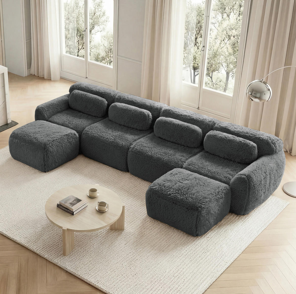 ECKSOFA 378/179/73 cm grau aus Plüsch ohne Montage frei kombinierbar - Grau, Textil (179/378cm) - OKWISH
