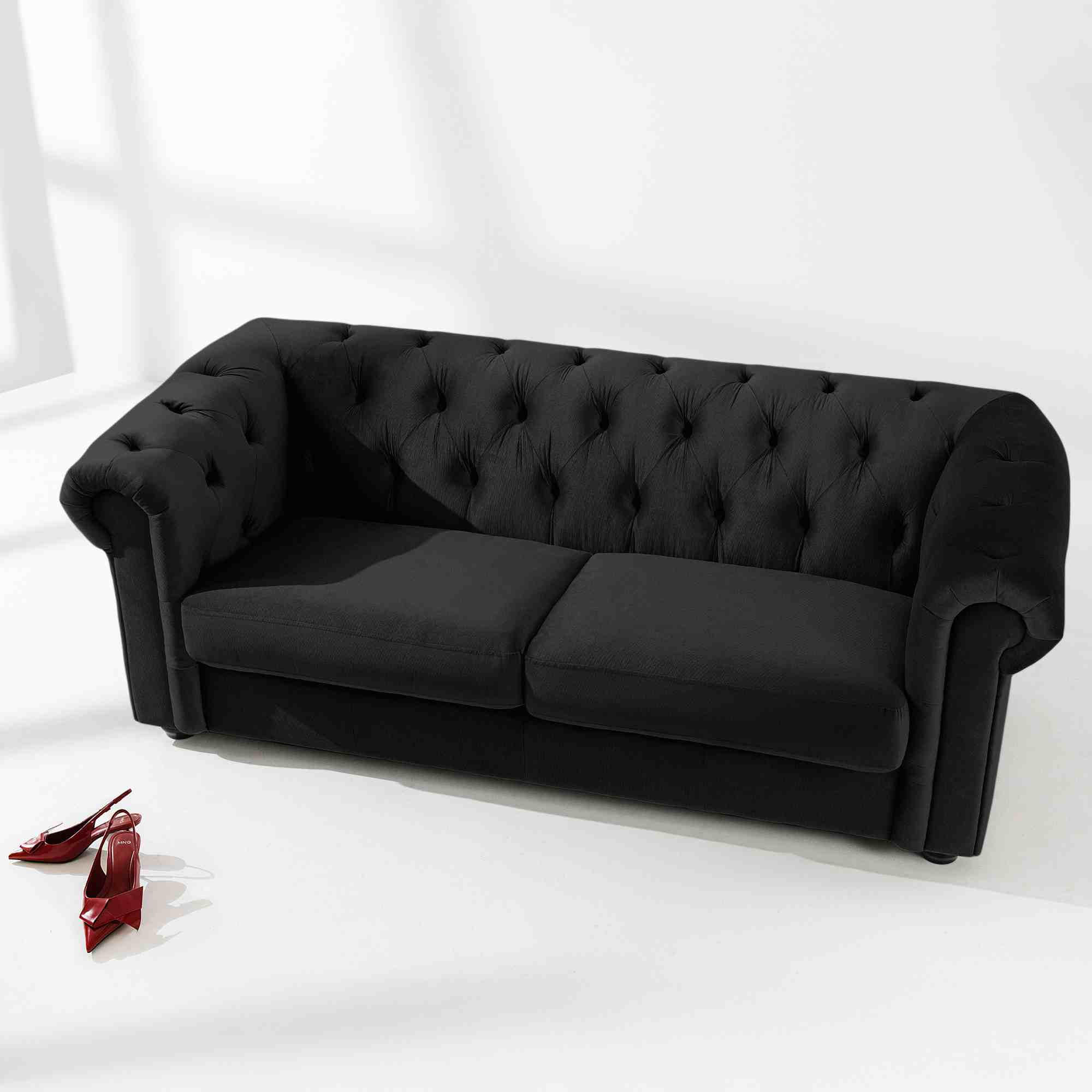 3-SITZER-SOFA GRAVO Chesterfield, Velours - Wengefarben/Schwarz, Leder/Holz (202/72/95cm) - KONSIMO®