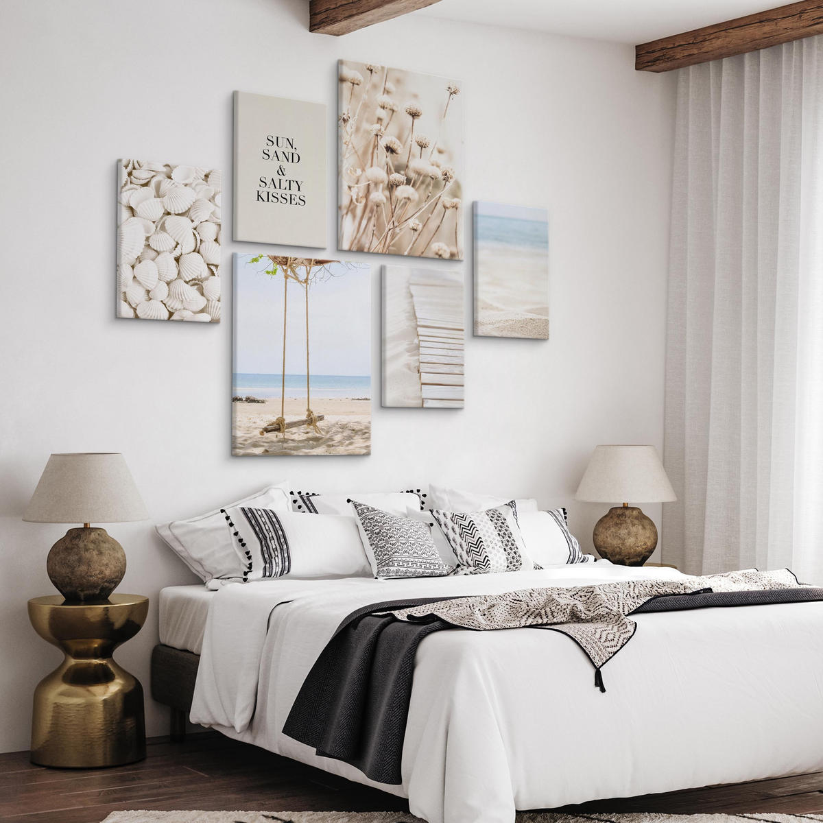 LEINWANDBILDER 6-er Set Strand Pflanzen - Blau/Beige, Textil (90/80cm) - Muralo