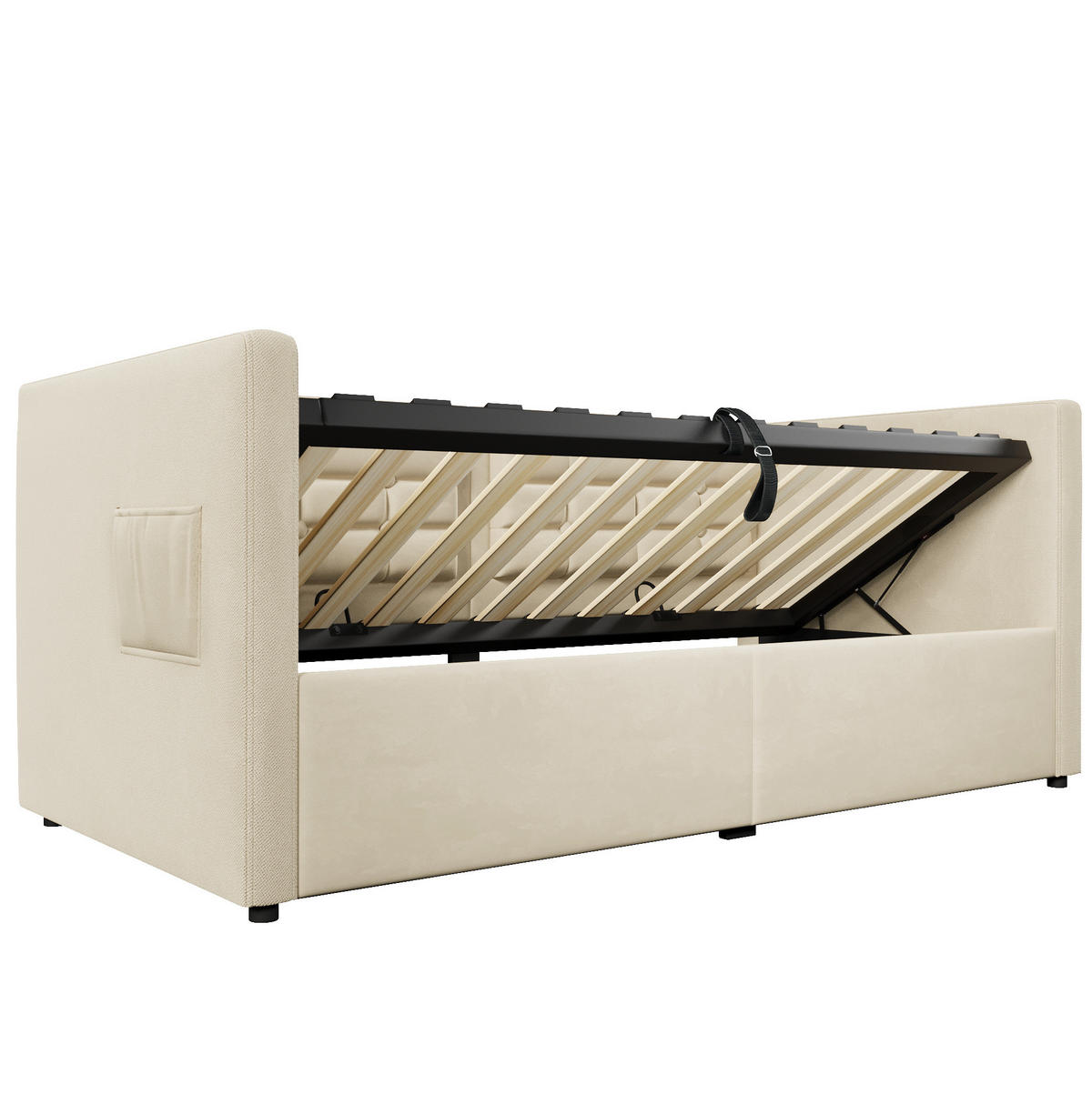 BETT 90/200 cm in Beige mit Stauraum und USB- und Type-C-Anschlüssen - Beige, Textil (90/200cm) - Flora Grace