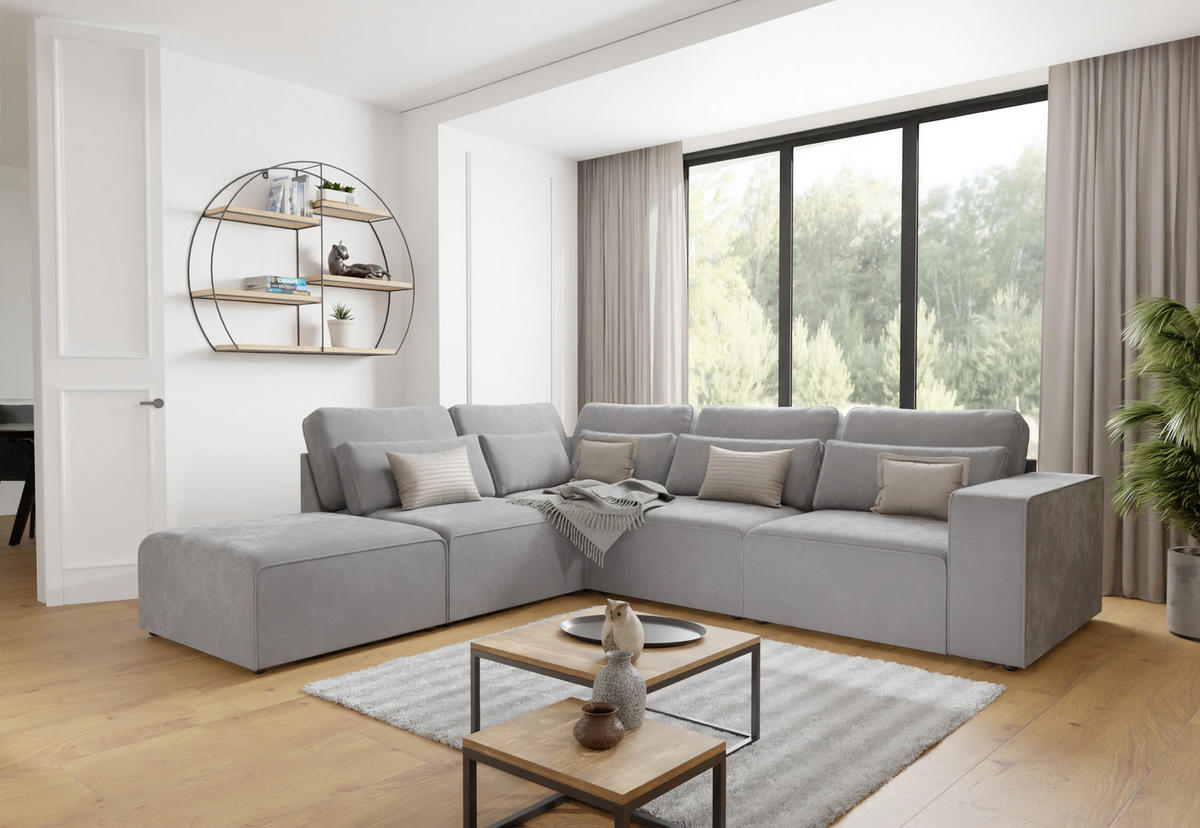 ECKSOFA modularer Leox Hellgrau Samt-Stoff - Hellgrau/Schwarz, Kunststoff/Textil (305/281cm) - S-Style Möbel
