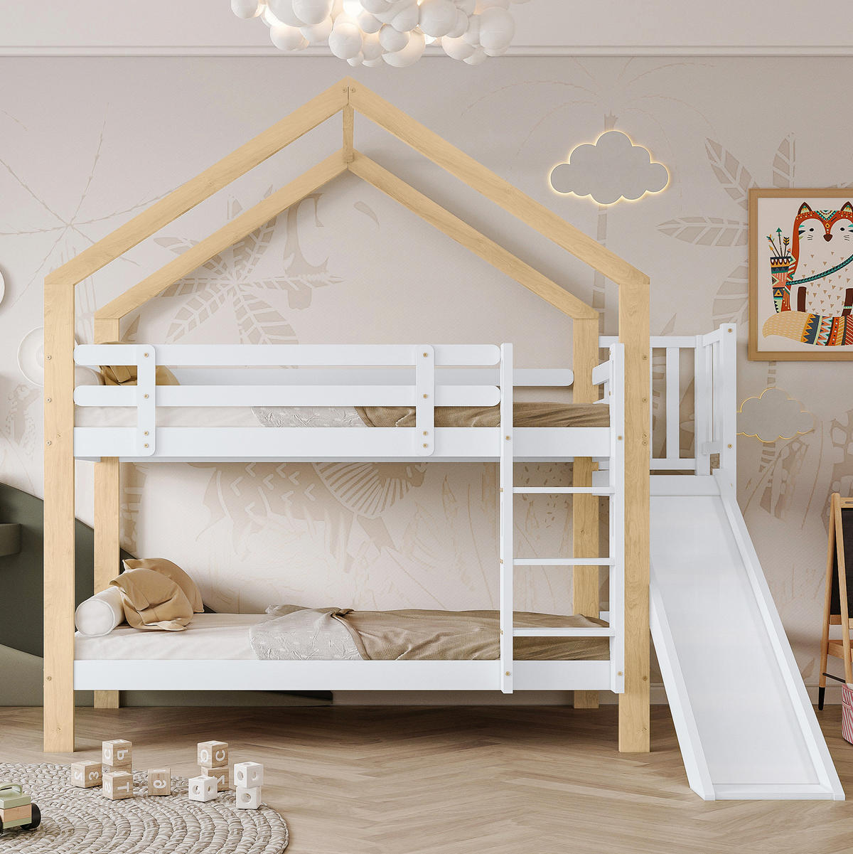 ETAGENBETT aus Kiefer und MDF 90x200 cm Weiß/Natur mit Rutsche, Hausdach und Absturzsicherung - Weiß, Holzwerkstoff (90/200cm) - Modfu