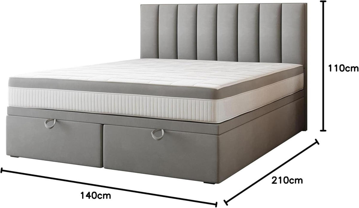 BOXSPRINGBETT BOND - Bett mit Matratze und Bettkasten - mit gestepptes Kopfteil - Grau - 140x200 cm - Grau, Textil (140/200cm) - Trada