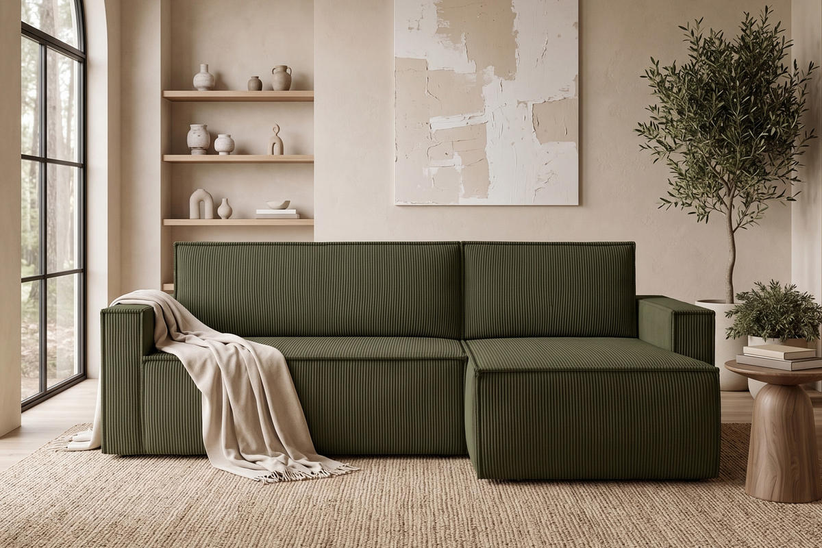 ECKSOFA-LINKS/RECHTS NAPI Schlaffunktion mit Cordbezug, grün - Schwarz/Olivgrün, Textil (246/148cm) - KONSIMO®
