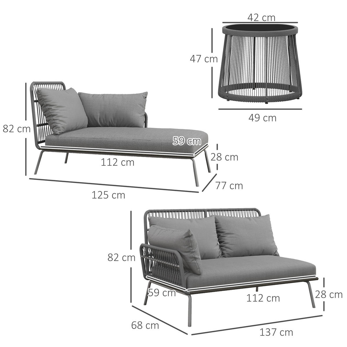 SITZGRUPPE mit Kissen, 3 tlg. Rattan Gartenmöbel-Set, Gartengarnitur, Hellgrau - Hellgrau, Kunststoff - Outsunny
