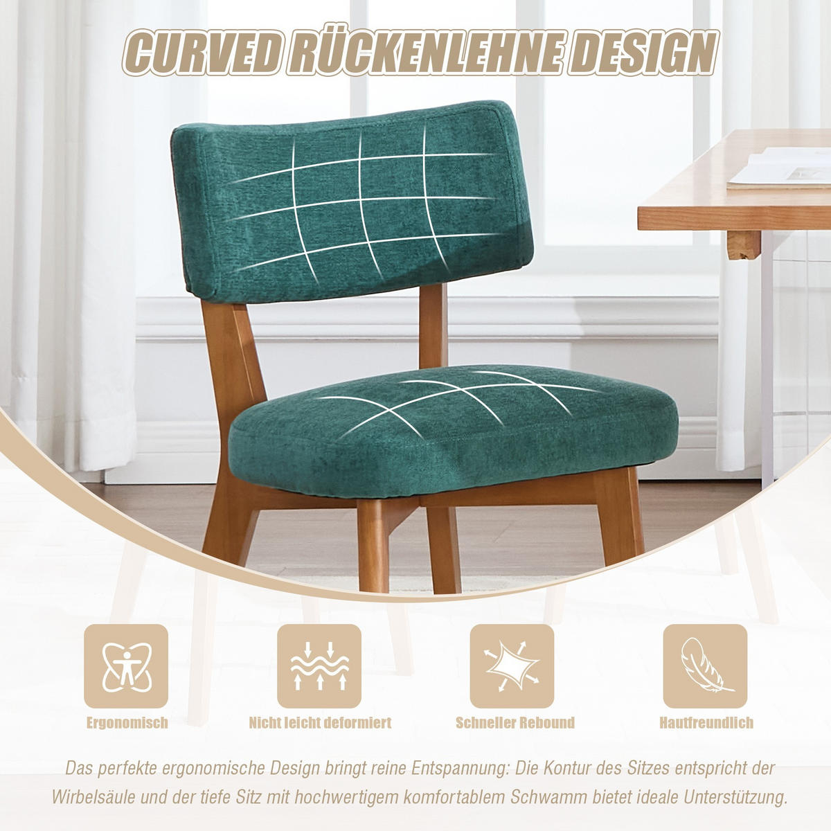 STÜHLE 2er-Set Esszimmerstuhl,Massivholz,Leinenstoff,Grün - Grün, Textil (47/77/54.5cm) - LVHOM