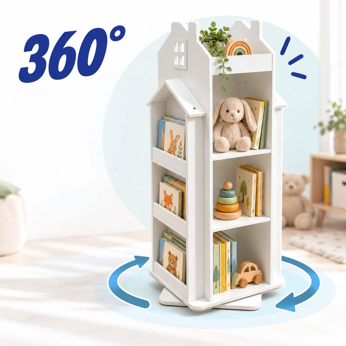 KNIHOVNA Bílá pro děti otočná 360° - bílá, kompozitní dřevo (40/108/40cm) - Relaxdays