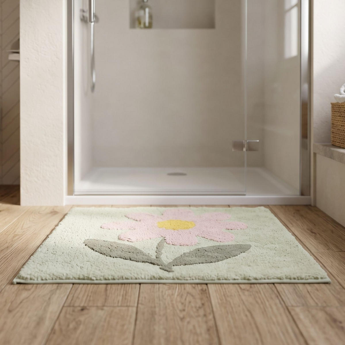DUSCHVORLEGER Blume 50/50 cm, grün-rosa, 100 % Baumwolle - Grün, Textil (50/50cm) - Homescapes