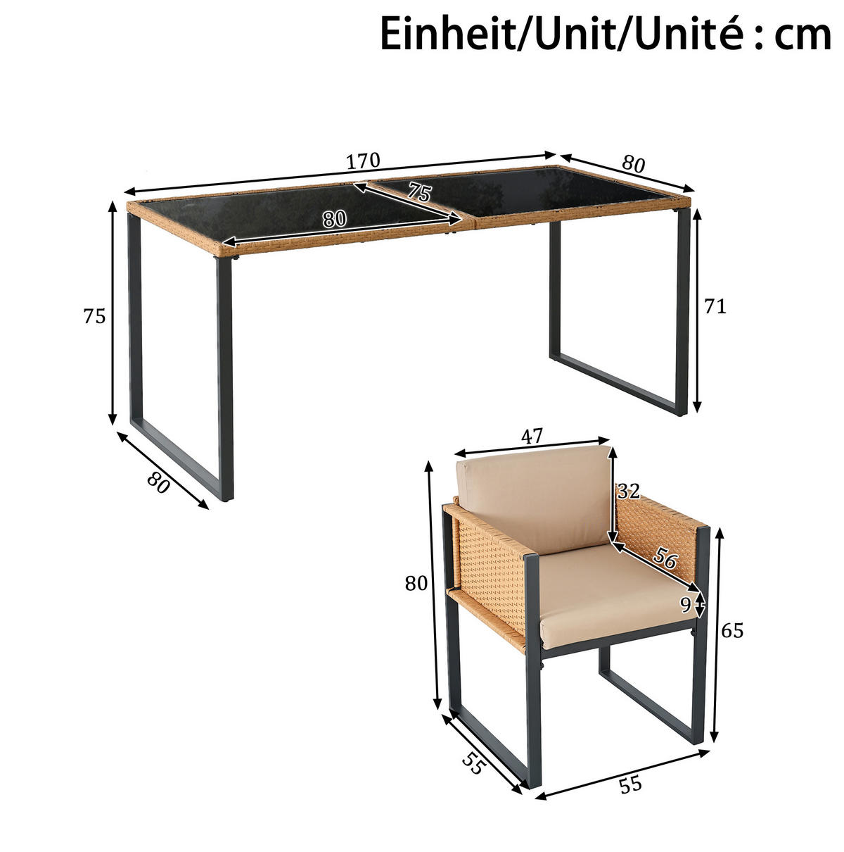 GARTEN-ESSGRUPPE 170/80/75 cm schwarz/braun aus PE-Rattan mit 6 Stühlen - Schwarz, Kunststoff - OKWISH