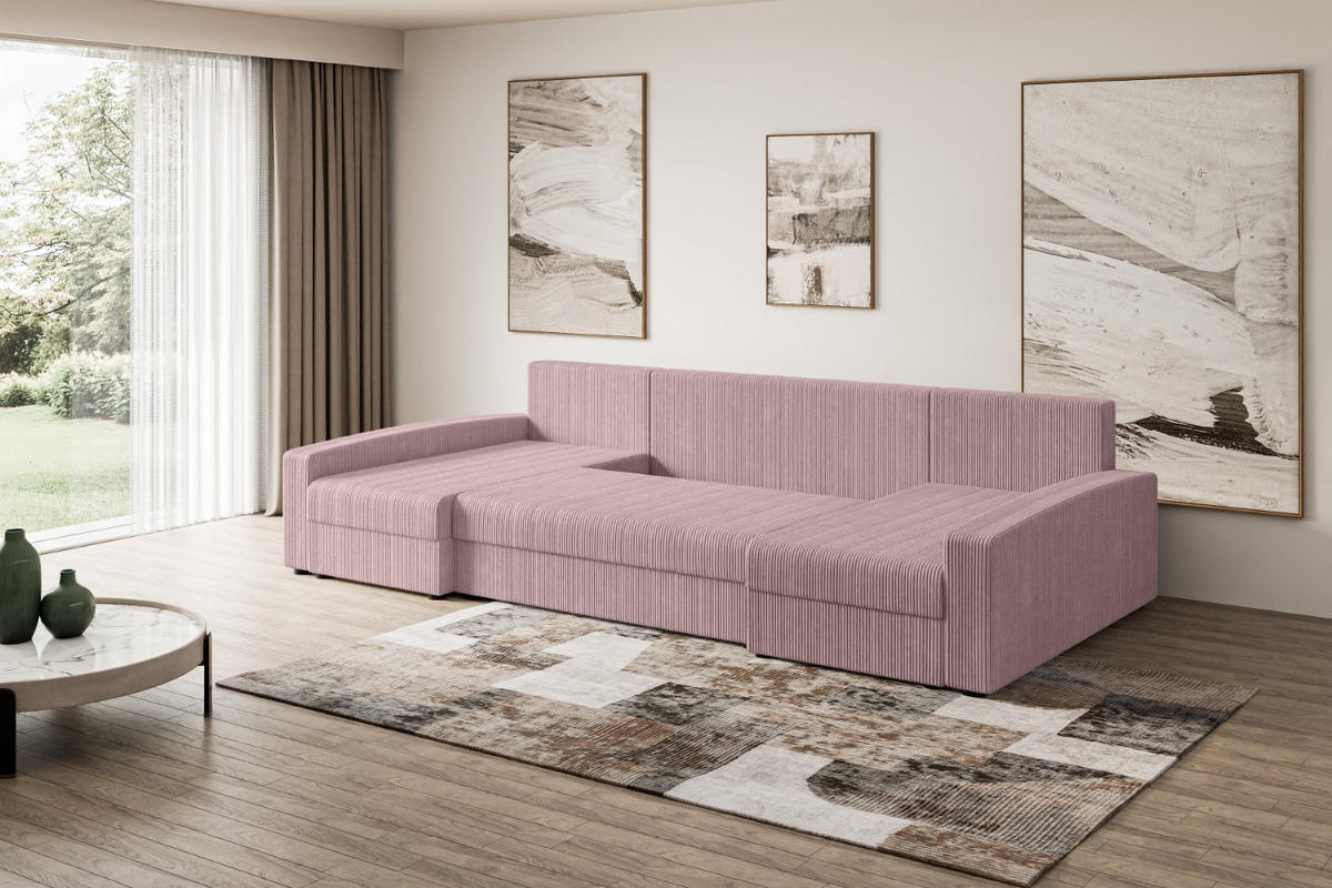 WOHNLANDSCHAFT mit Schlaffunktion und Bettkasten ALESIA-U 301x140x90 cm Rosa Cord - Silberfarben/Rosa, Holzwerkstoff/Kunststoff (301/90/140cm) - ALTDECOR