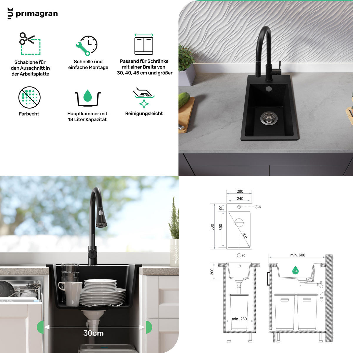 GRANITSPÜLE Riga, 2-er set Alles Schwarz 28/50 cm 1 Becken + Küchenarmatur 32/20 cm + Ablauf-Set ab 30er Unterschrank - Schwarz, Kunststoff (28/20/50cm) - Primagran