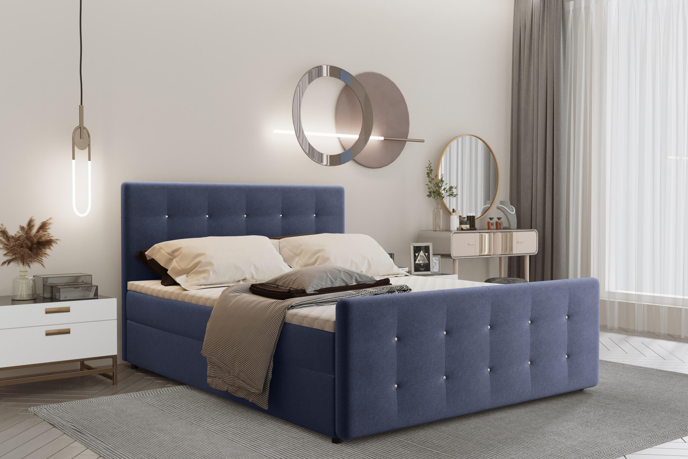 BOXBETT Mit Bettkasten Matratze Topper AMOR Marineblau 180x200 cm H3-Bonell - Dunkelblau, Holz/Textil (180/200cm) - Kaiser Möbel