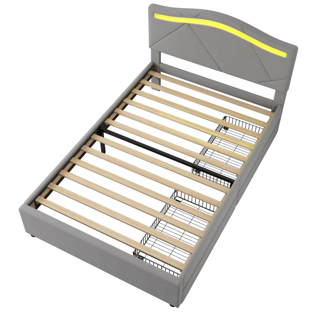 POLSTERBETT mit LED und 2 Schubladen 90x200 cm Leinen Grau - Grau, Metall (90/200cm) - Meubliv