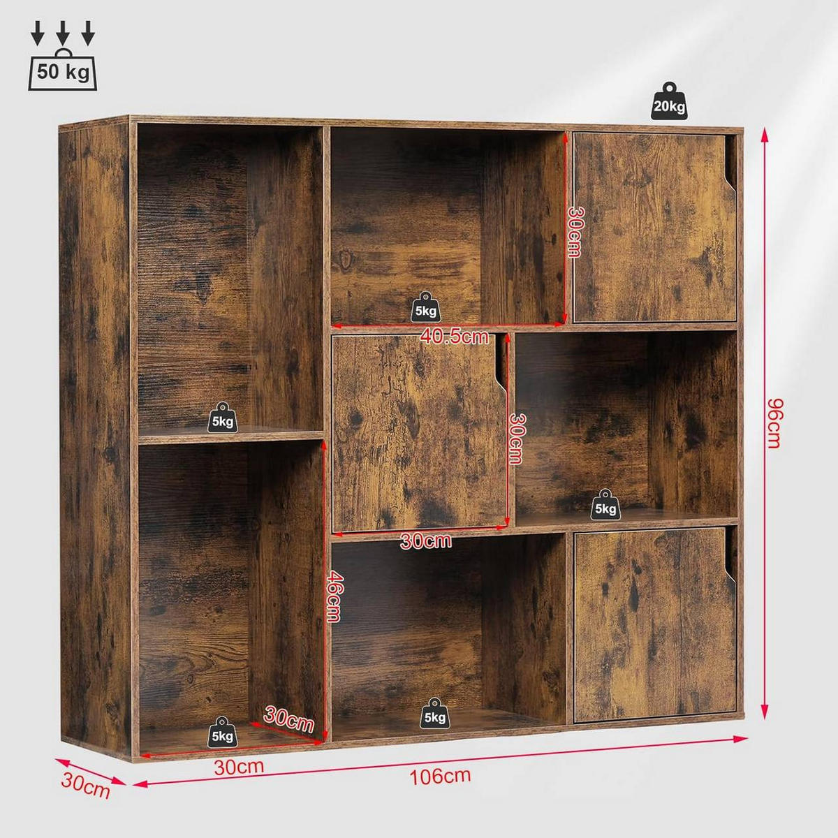 REGALE Bücherregal mit 8 Fächern,106x96x30 cm, Vintagebraun - Dunkelbraun, Holzwerkstoff (106/96/30cm) - Woltu