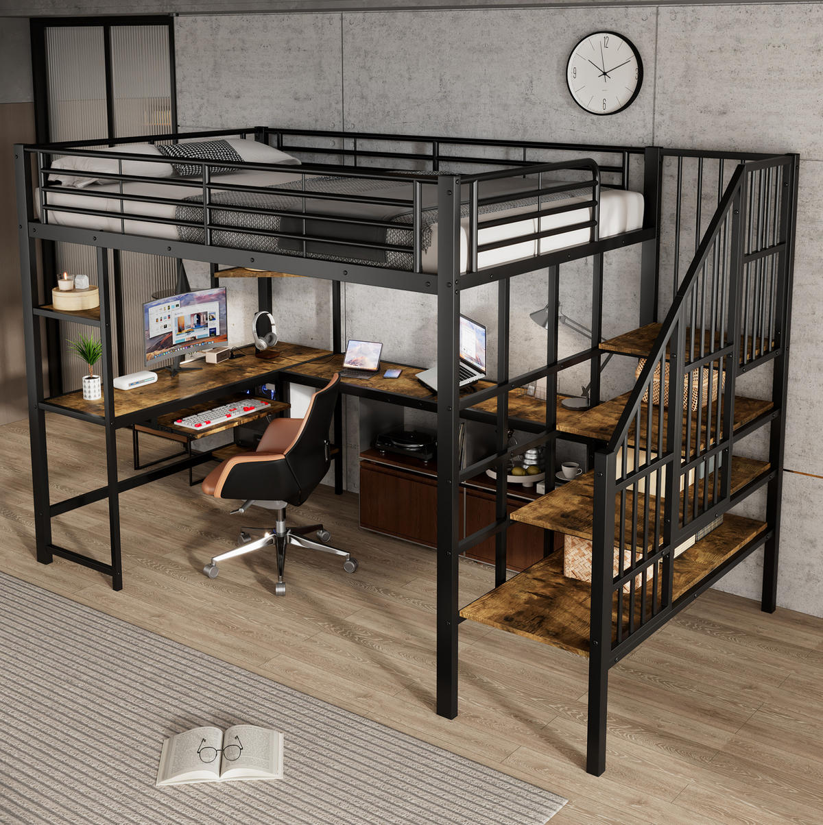 HOCHBETT 120x200 cm in Schwarz/Dunkelnussbaum mit Schreibtisch, Ecktreppe und Ladeanschluss - Schwarz, Metall (120/200cm) - IVMEU