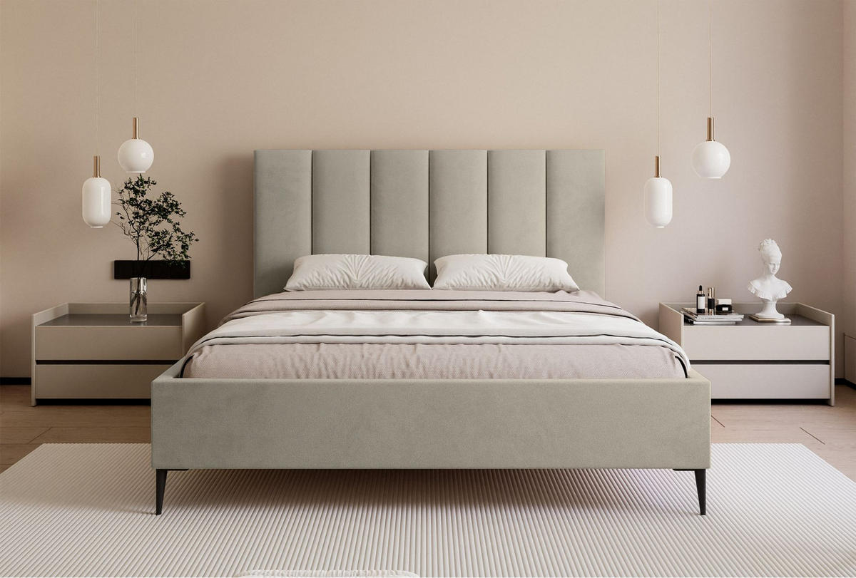 POLSTERBETT Masego Hellbeige mit Metallbeinen, Velours, 180x200 cm - Ecru/Schwarz, Textil/Metall (180/200cm) - Selsey