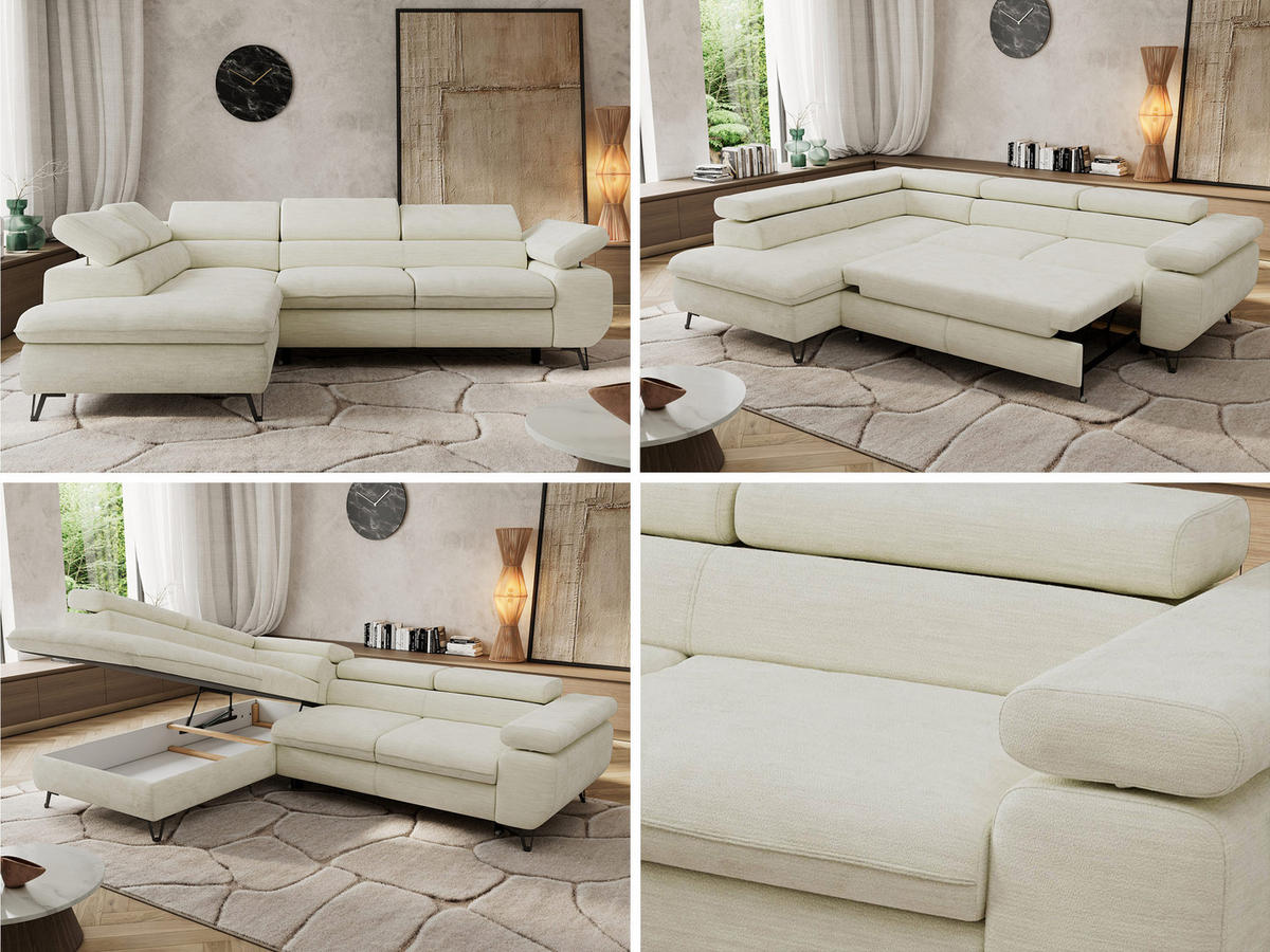 ECKSOFA PABLO L Creme Schenille glatt - Links Seite mit Visco Topper - Creme/Schwarz, Textil/Metall (208/273cm) - MKS