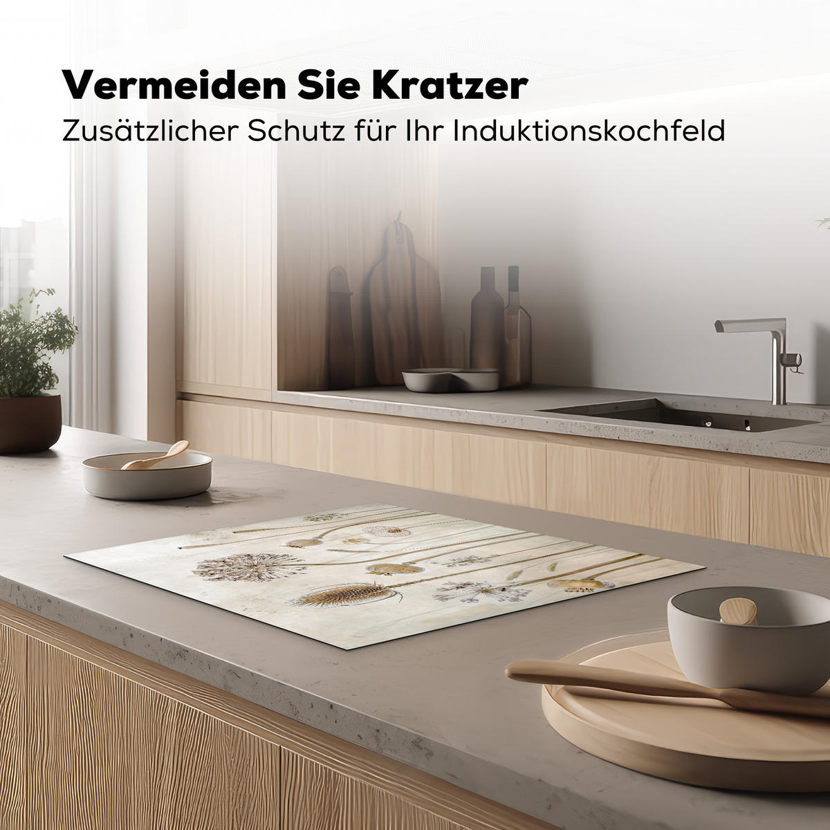 HERDABDECKPLATTE Blumen - Aquarell - Stilleben - Braun - Vintage Herdabdeckung Induktionsfeld 65x52 cm - Sandfarben, Kunststoff (65/52/0.2cm) - MuchoWow