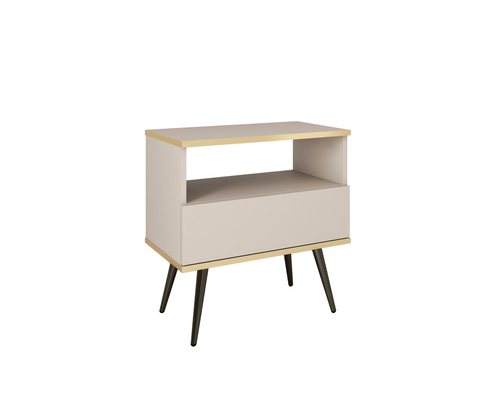 NACHTTISCH FORNO (Beige, Goldene Details, 1 Schublade, offenes Fach, schwarze Metallfüße) - Beige/Schwarz, Holz/Holzwerkstoff (54/59/39cm) - Ravio