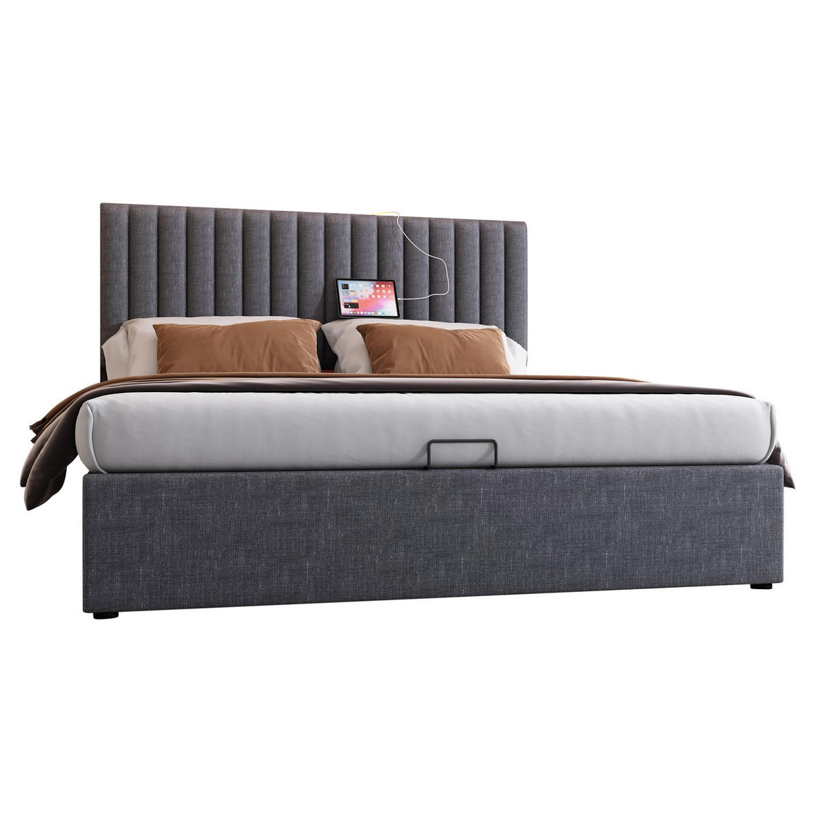 POLSTERBETT 140/200 cm mit Bettkasten, LED-Kopfteil, USB/Type-C & Stauraumfächern,Grau - Grau, Textil (140/200cm) - Redom
